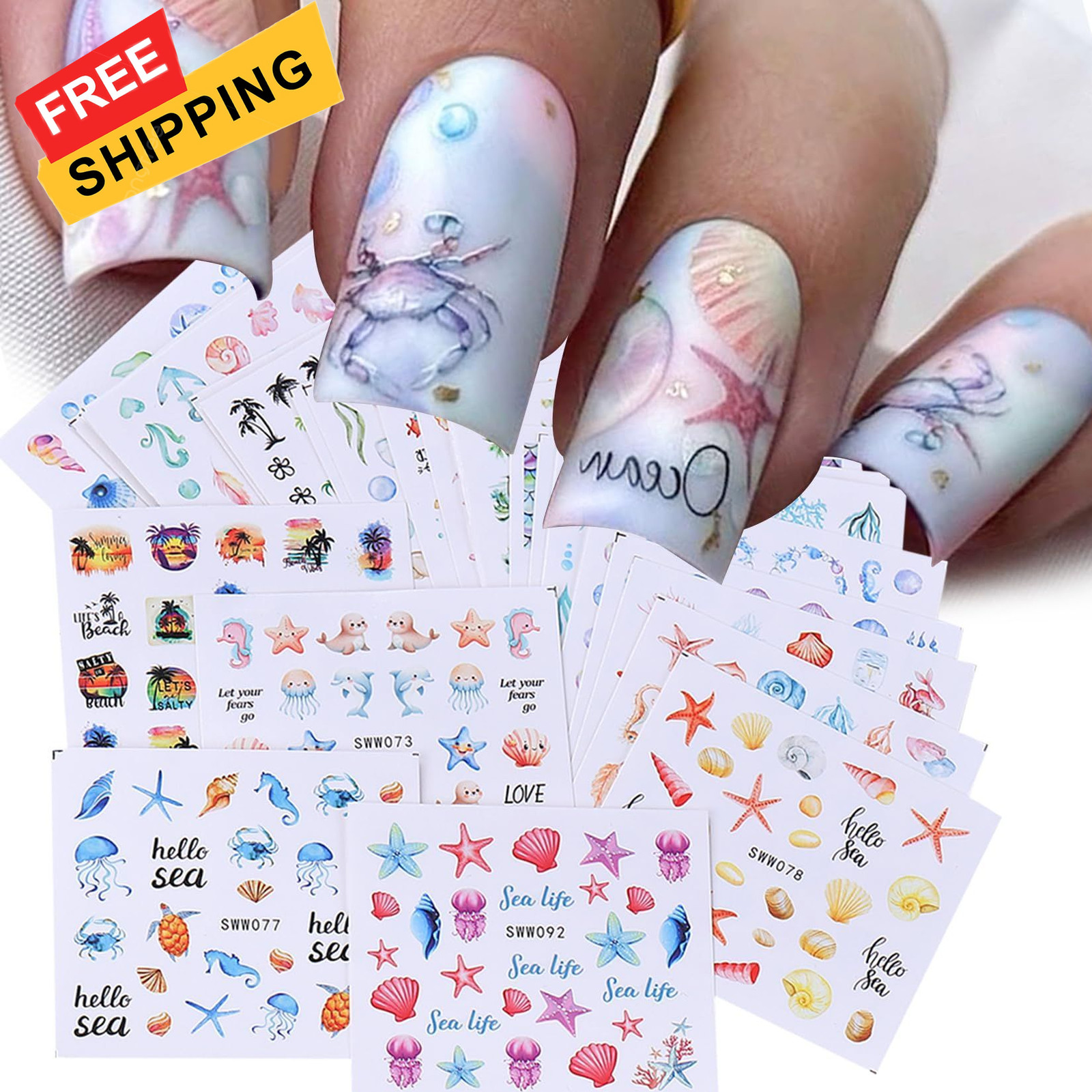 Ocean Nail Stickers Water Decals 24 PCS Marine Life for Colorful