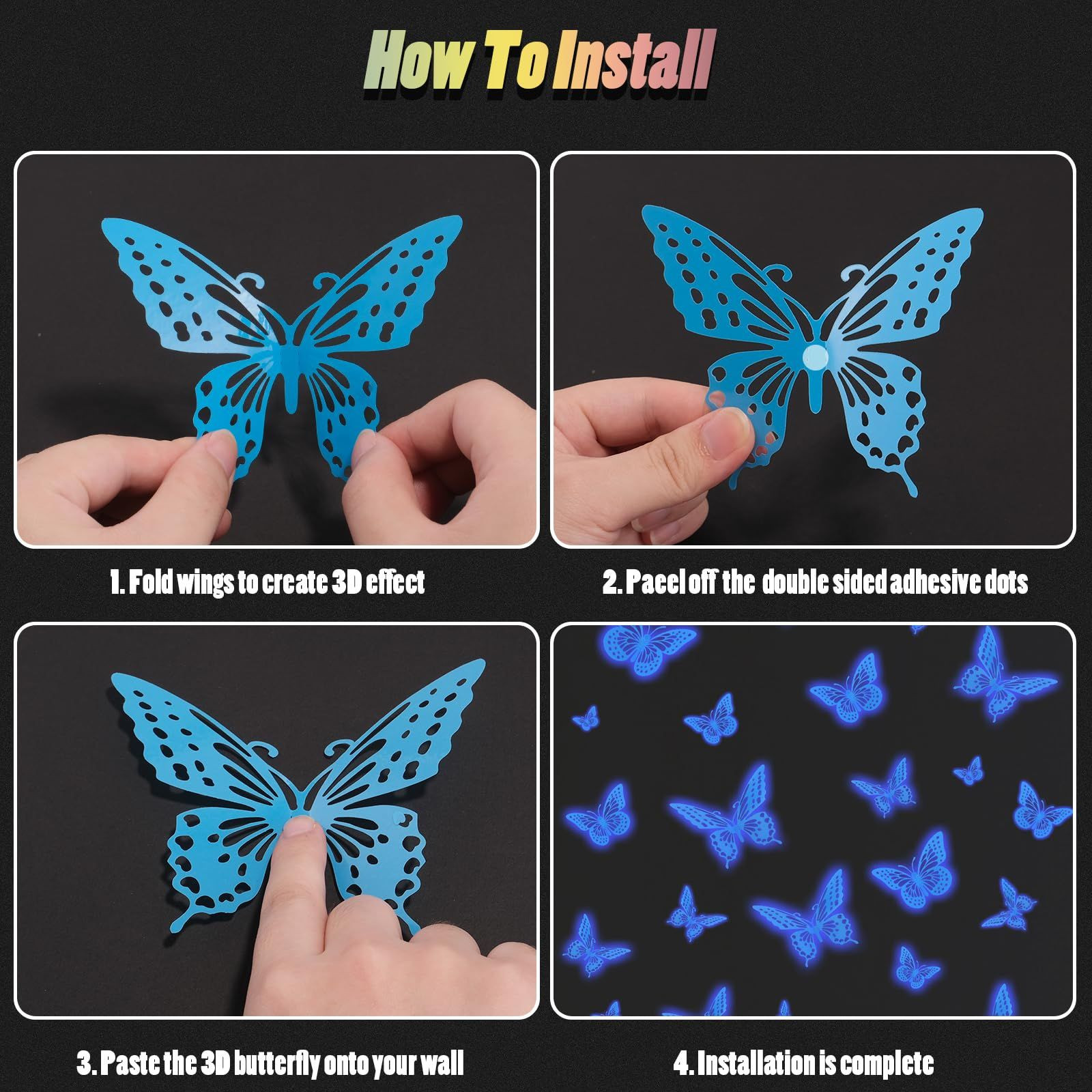 SAOROPEB Glow in The Dark 3D Butterfly 24 Pcs 3 Sizes, 24 Pcs, Glowing Blue