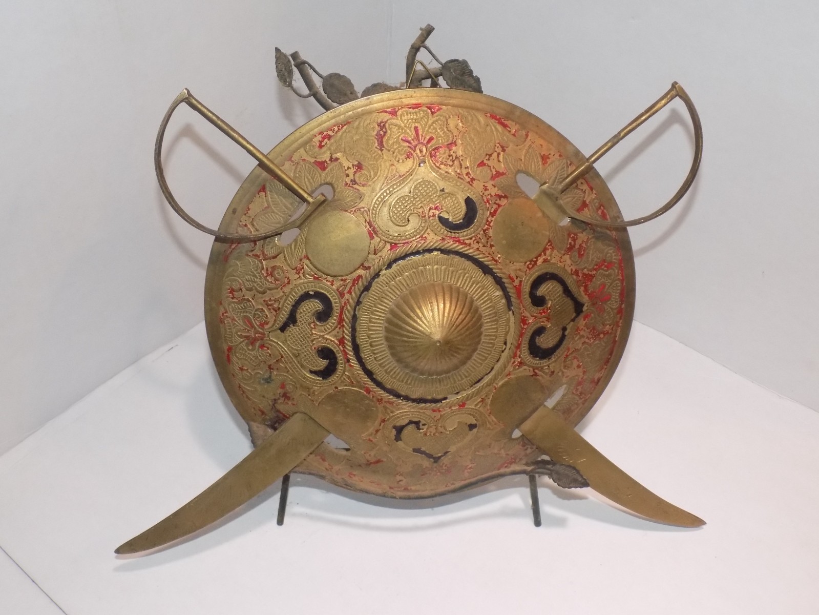 Decorative Brass Shield with Two Swords, Enamel Work Wall Hanging Showpiece Gift