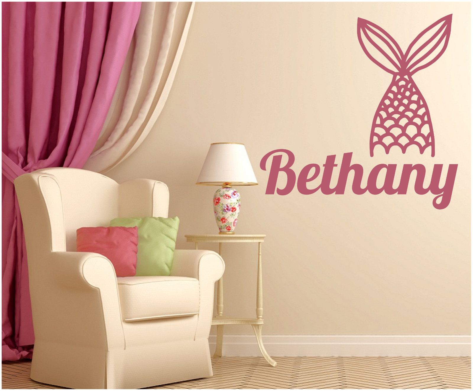 MERMAID TAIL W/ NAME LARGE WALL VINYL DECAL YOUR CHOICE OF COLOR PERSONALIZED
