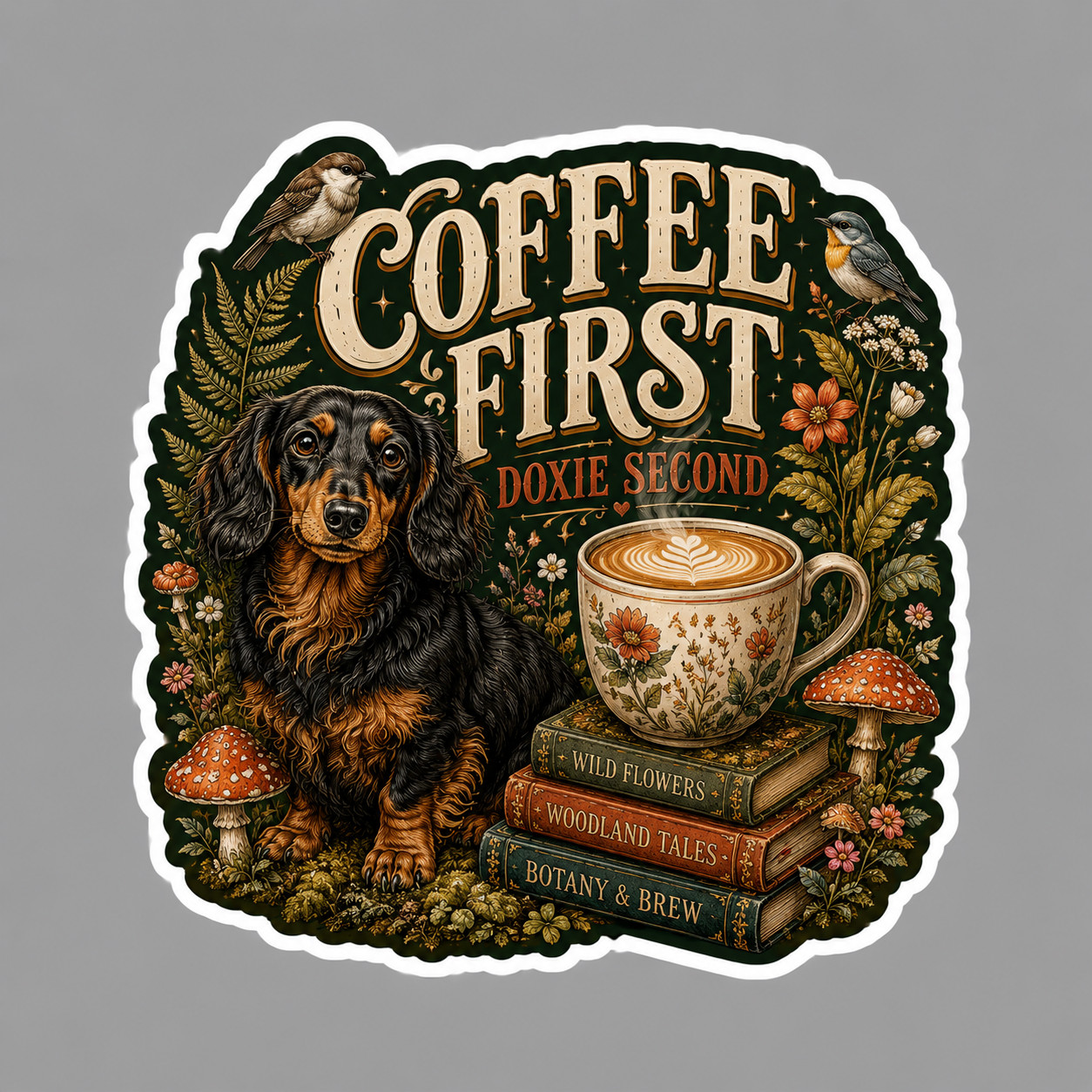 Dachshund Sticker Vinyl Decal Coffee First Doxie Second Cottagecore Dog Gift