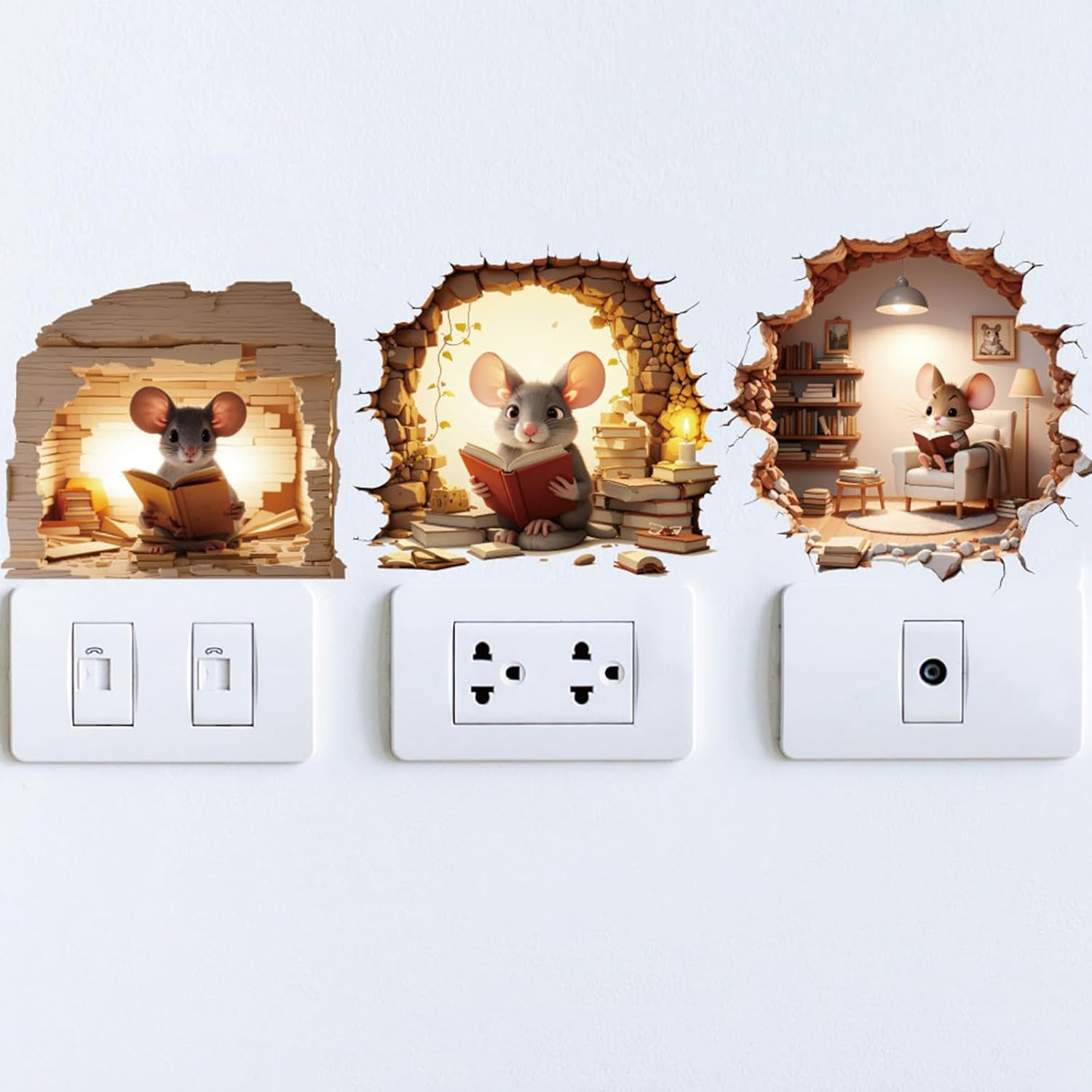 6PCS 3D Mouse Hole Wall Decals Peel and Stick,Decorative Wall Stickers, Fun Anim