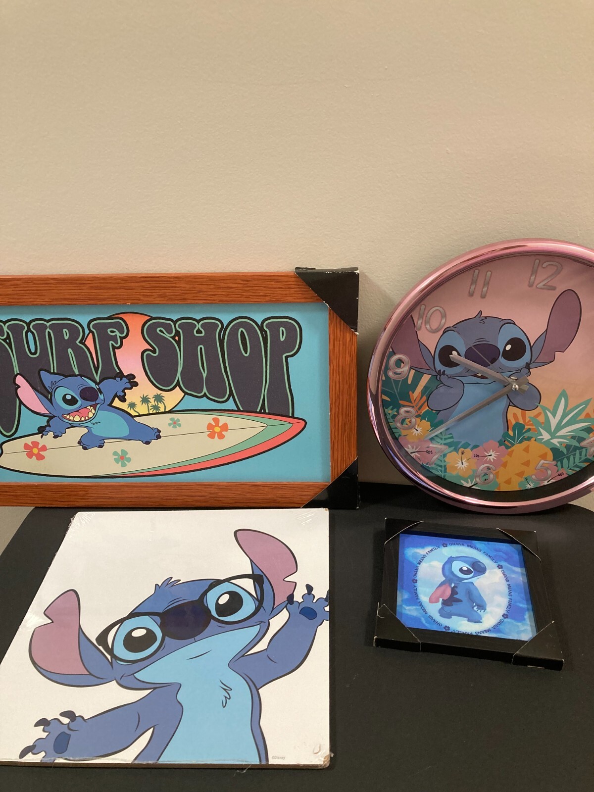 4 Piece Stitch-Themed Room Decor – 1 Wall Clock & 3 Pieces of Ready to Hang Art!