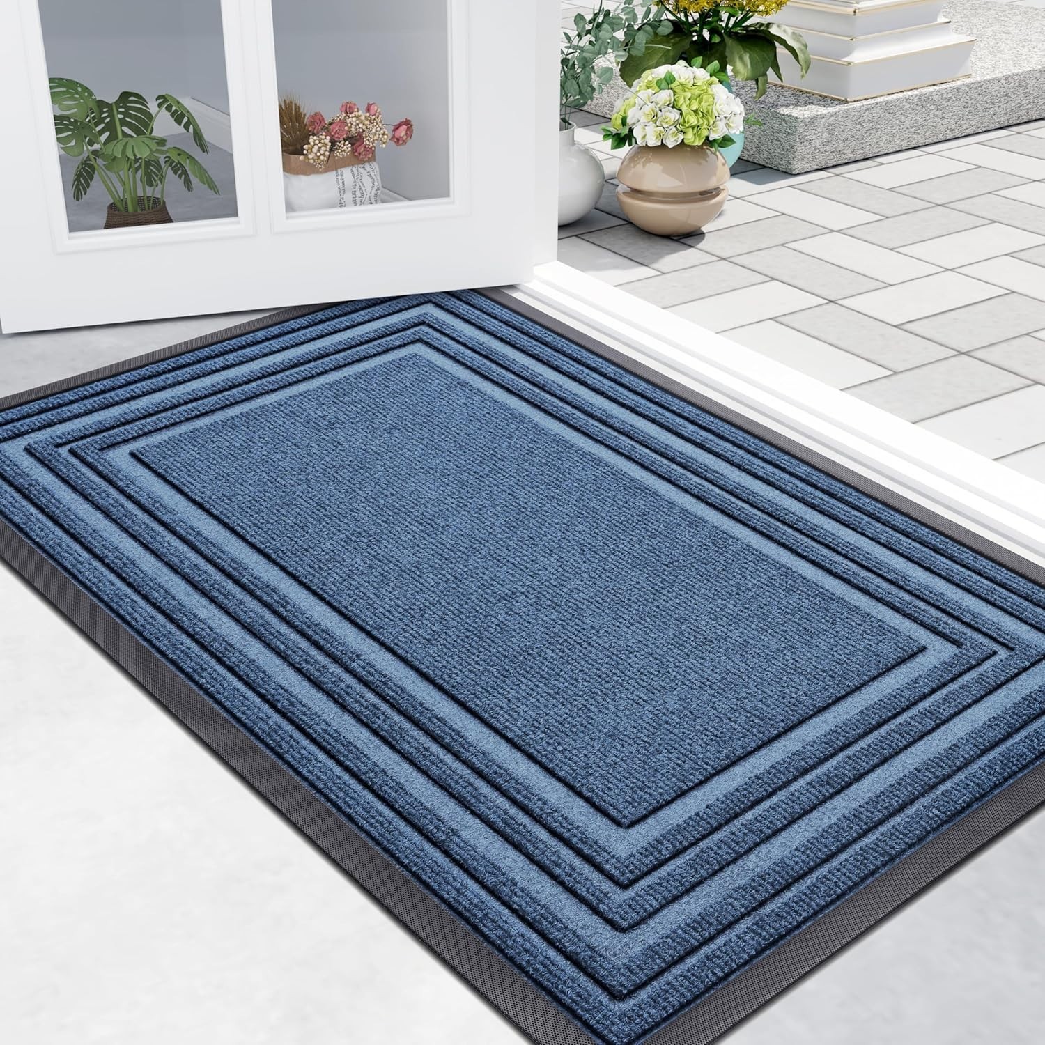 47×32 Large Door Mat Indoor Outdoor Light Blue Welcome Mat Washable Entryway Rug