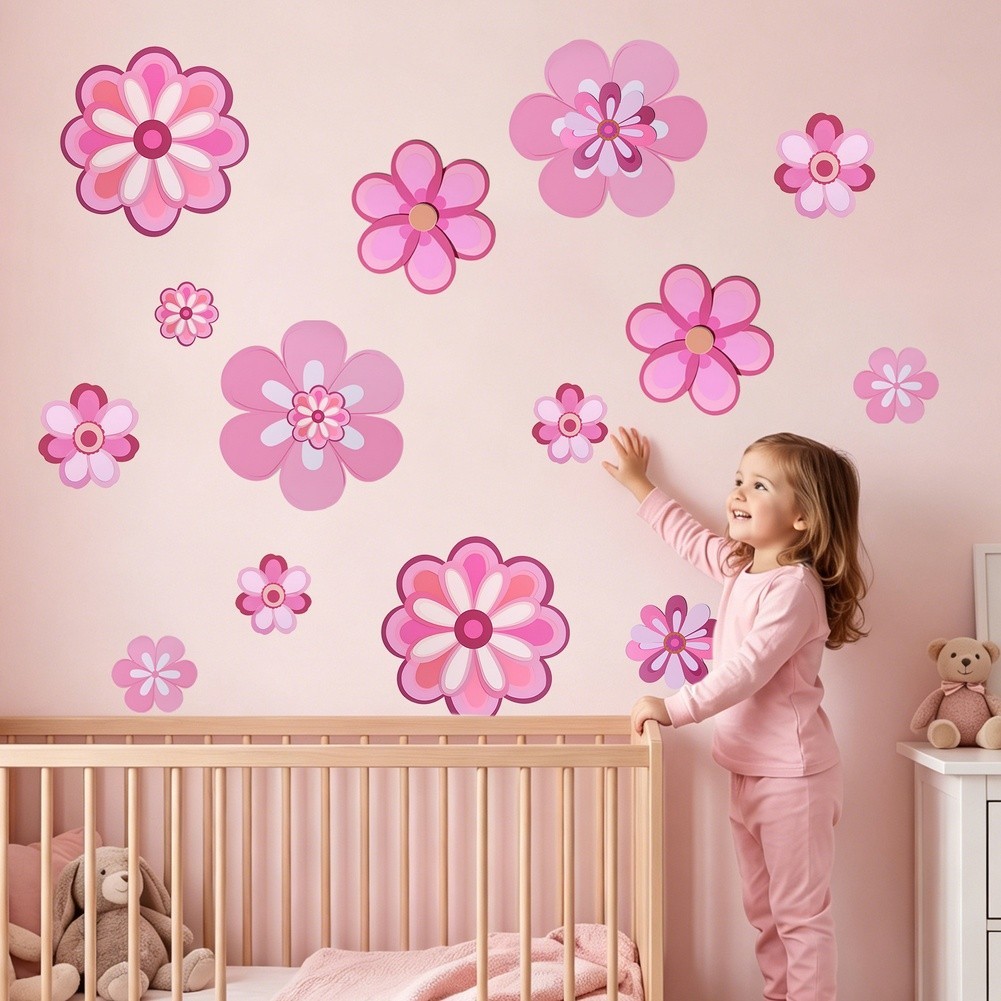 Pink Flower Wall Stickers 16pcs Waterproof Vinyl Decals for Nursery Bedroom
