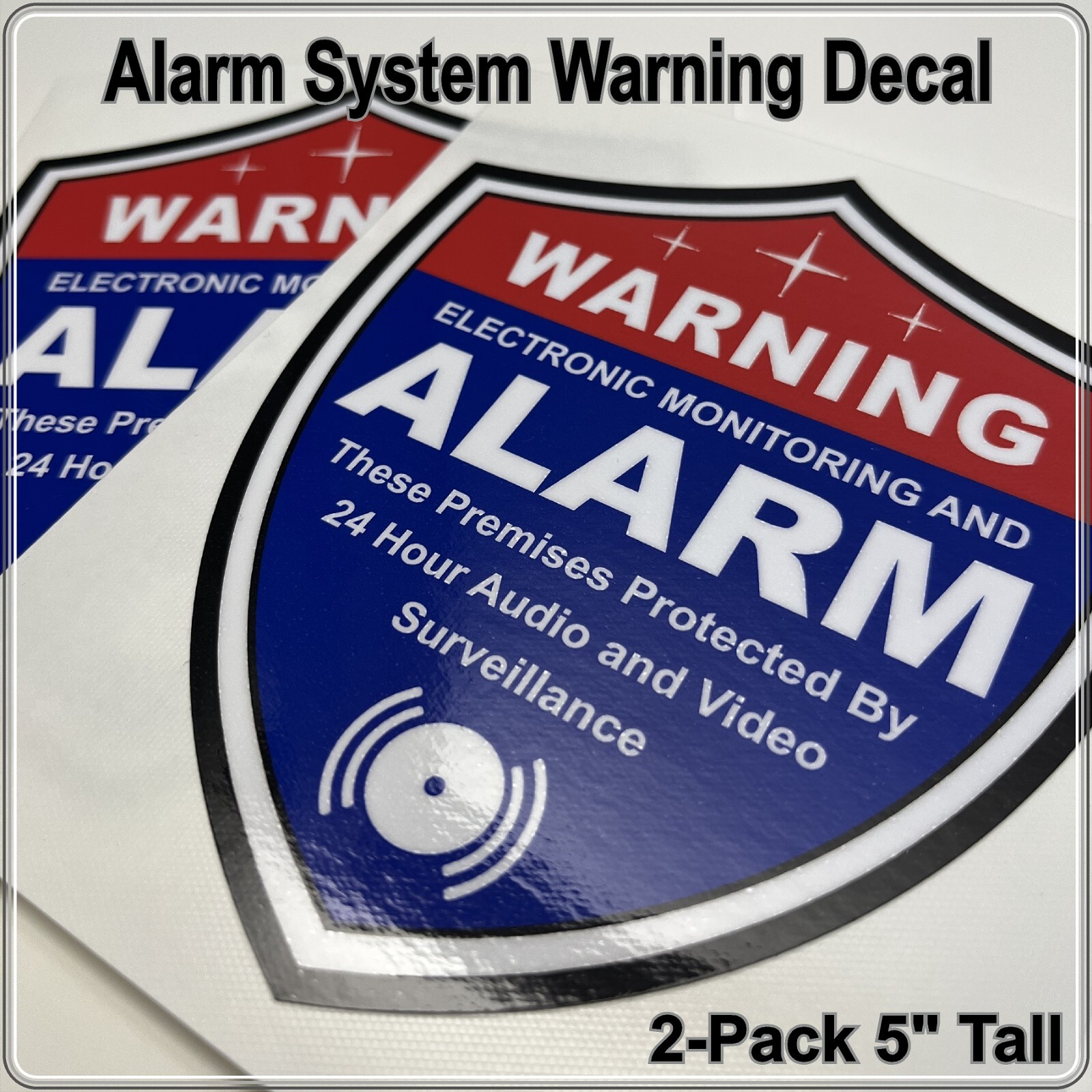2-Pack Alarm System Warning Decals 5″ Shield Shape Red White and Blue for Window