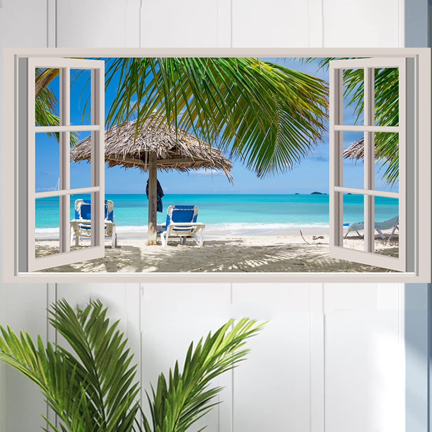 Beach Wall Sticker 3D Fake Windows Wall Stickers Beach Seascape Walls Decals