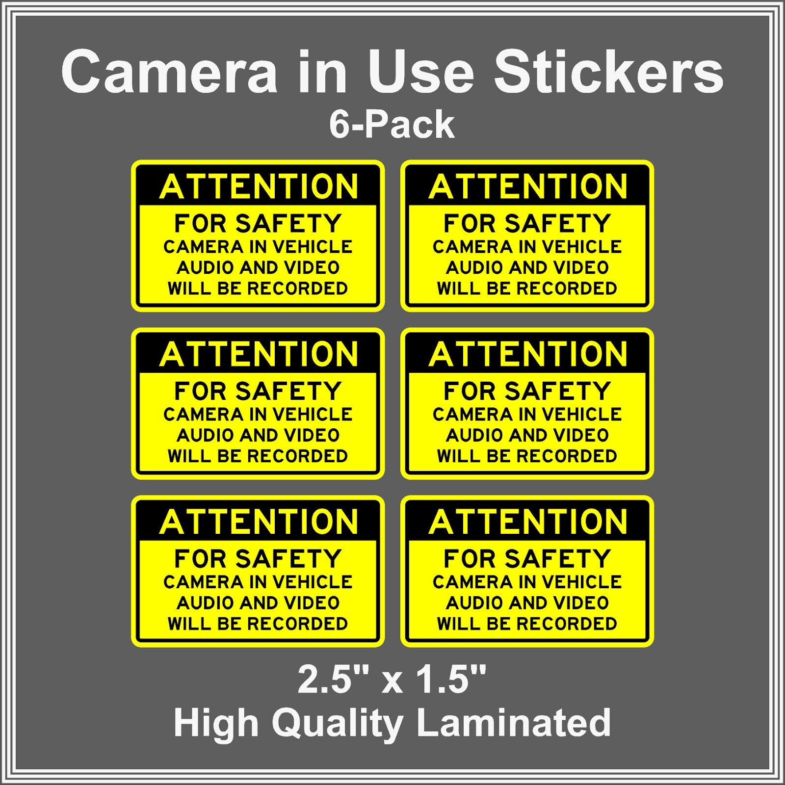Camera in Car Recording Video 6-Pack Decals Yellow & Black 2.5″ x 1.5″ for Uber
