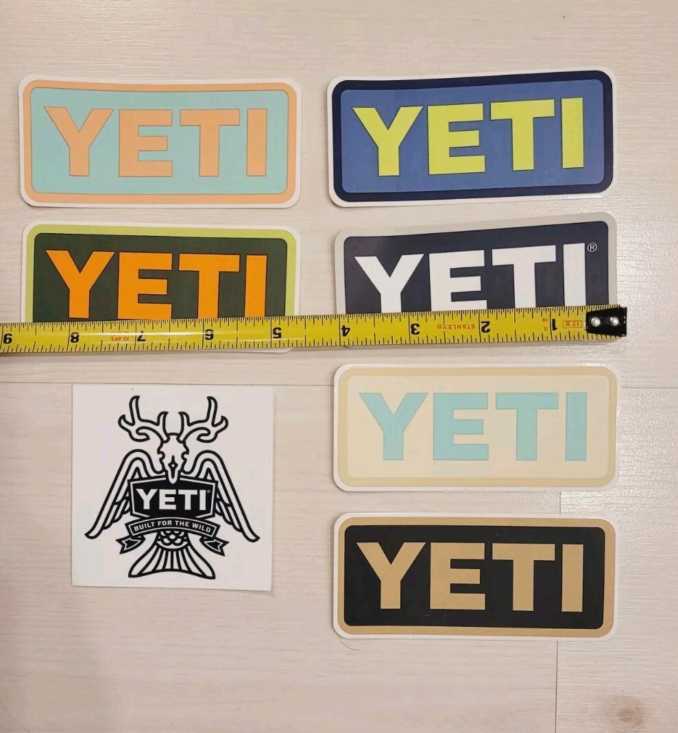 Lot Of 7 YETI Stickers 4in x 2in, 3in x 3in Pink Green Blue Teal Brown Orange