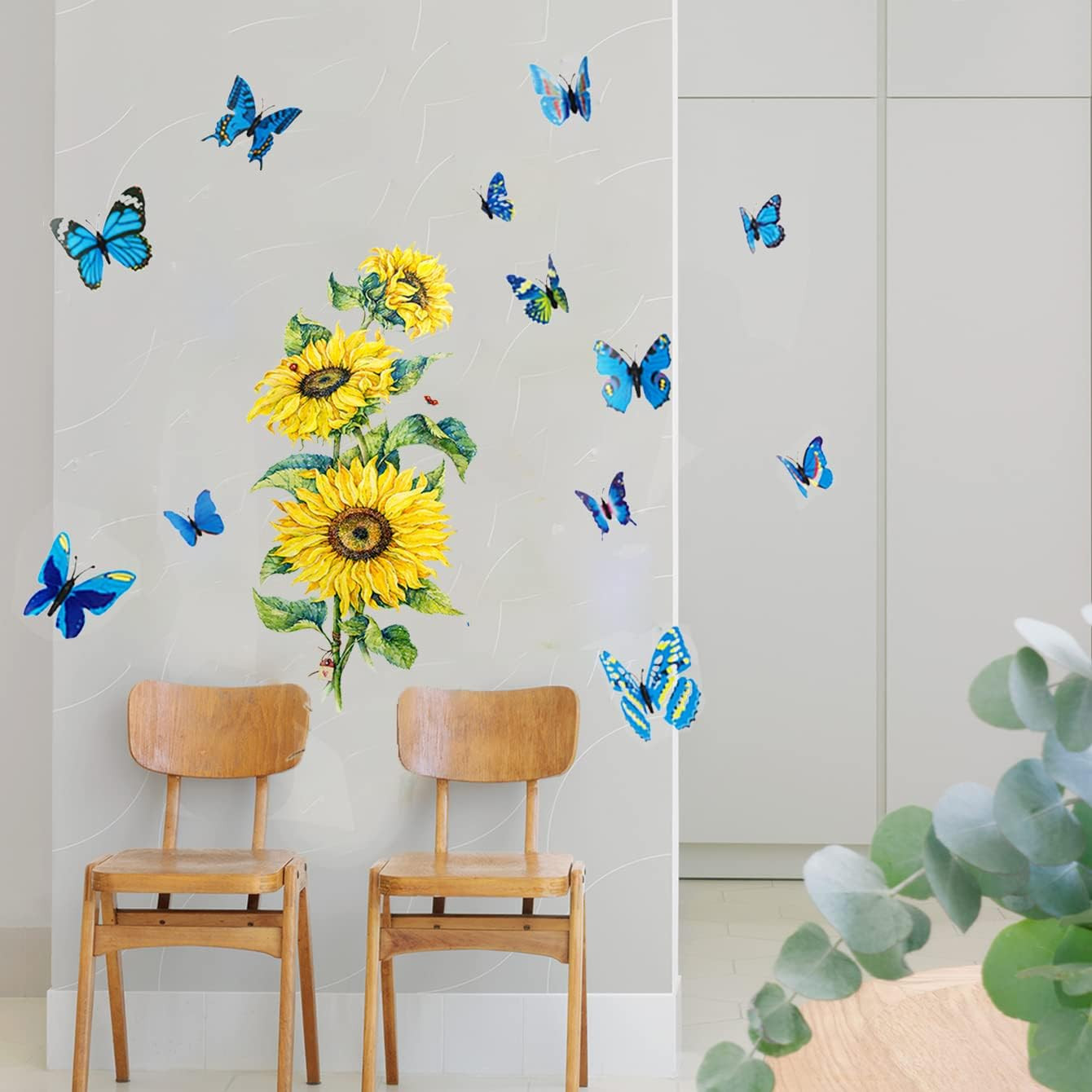 Sunflower Wall Decals with 3D Butterfly Wall Sticker,Garden Flower Wall Stickers