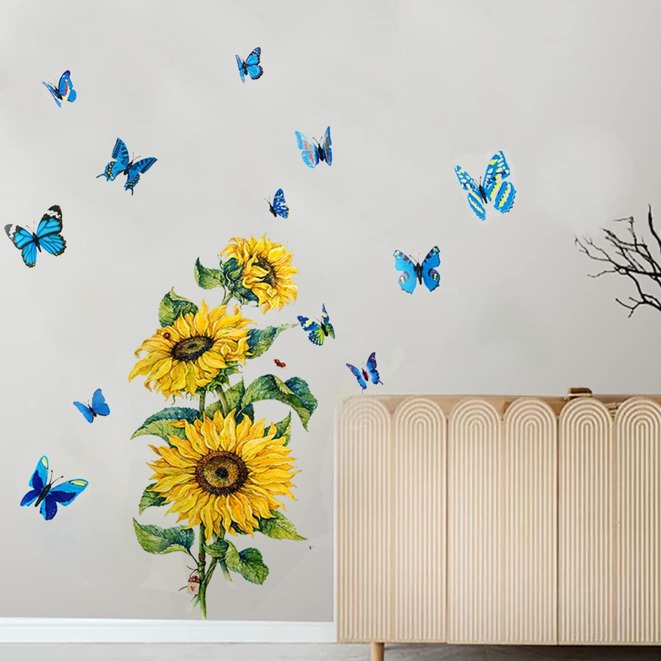 Sunflower Wall Decals with 3D Butterfly Wall Sticker,Garden Flower Wall Stickers