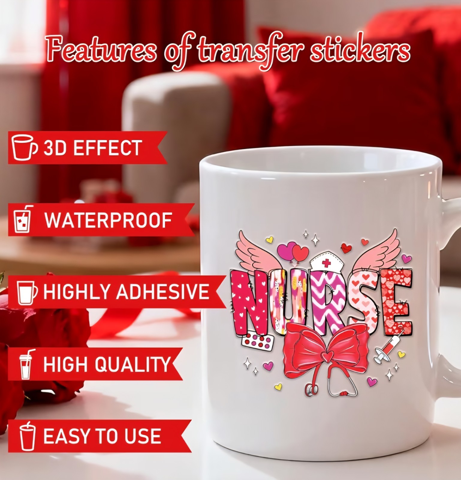 Nursing Love Hearts Gnomes Theme Cup Wraps Transfer Stickers 8 Decals 4 X 9 Inch