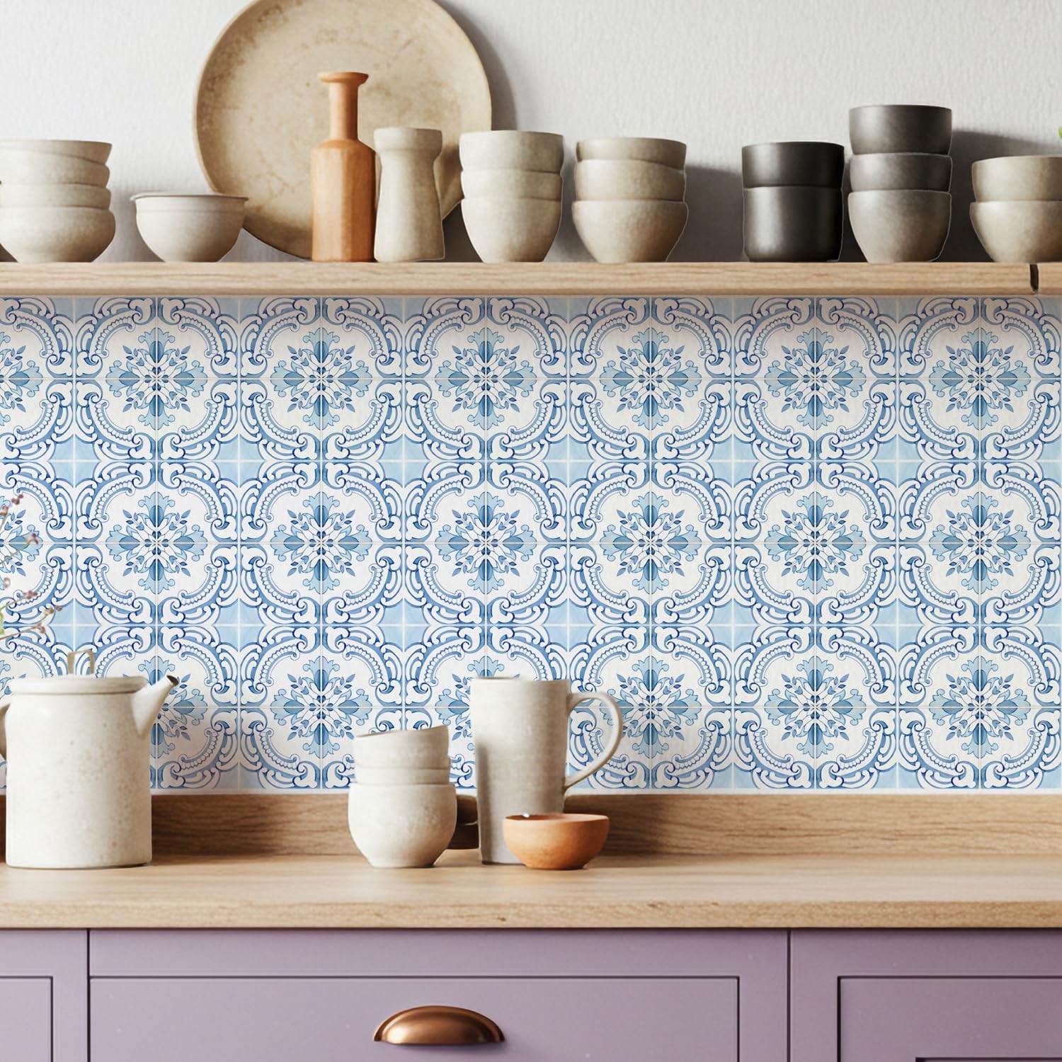 16 Pack, 5.9 Inch Vintage Tile Stickers, Ornate Blue and White Peel and Stick…