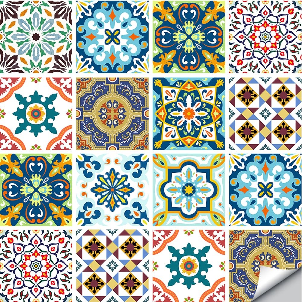 16 Pcs (6×6 in) Mandala Style Decorative Tile Stickers, Peel and Stick Adhesi…