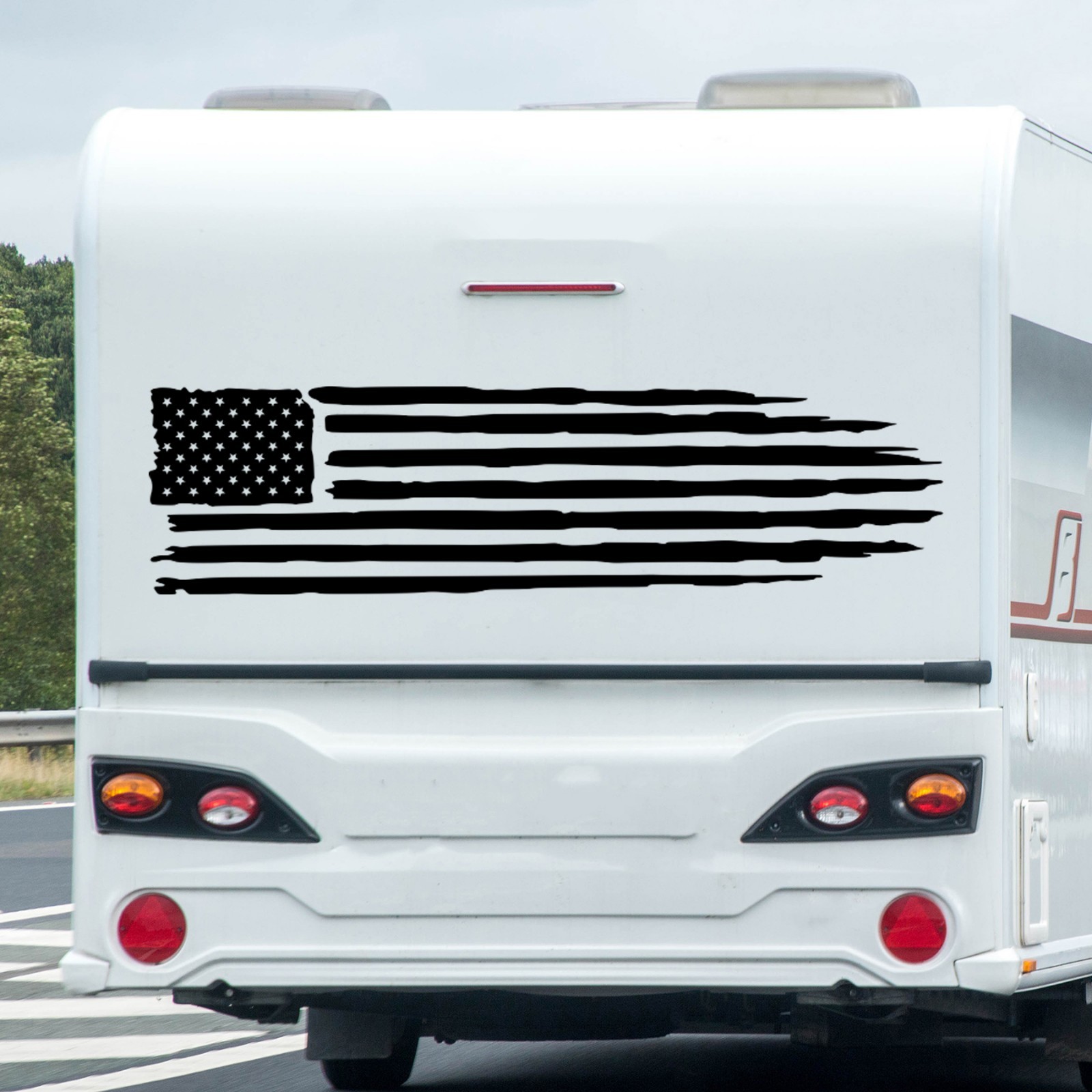 Distressed American Flag in Matte Black Waterproof Vinyl Decal Truck RV Camper