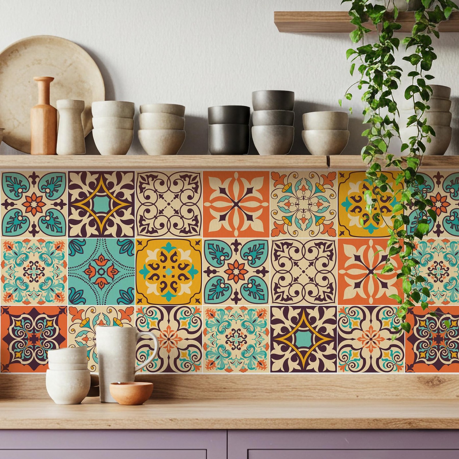 16 Pack, 5.9 Inch Terracotta and Teal Tile Stickers, Bohemian Patchwork Peel …