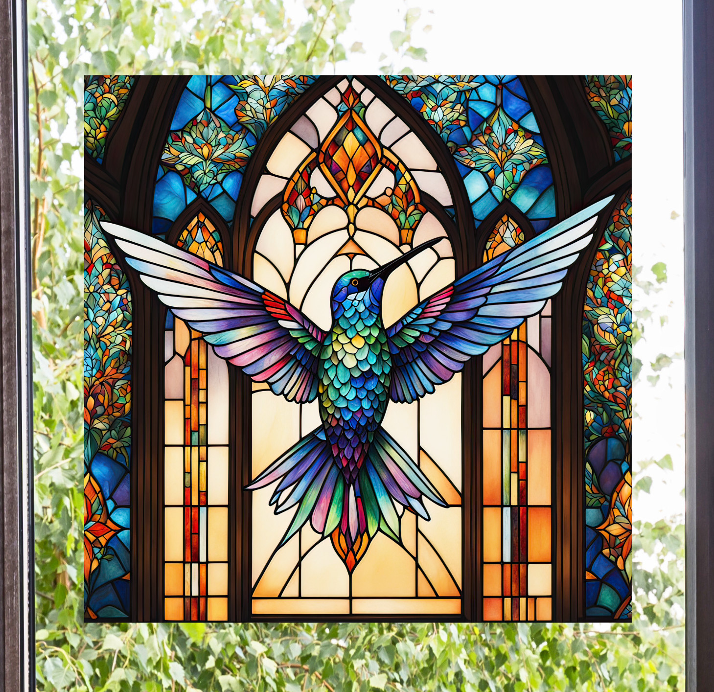 Hummingbird Faux Stained Glass WINDOW CLING Church Glass Arches ~ Size 8″ Vinyl