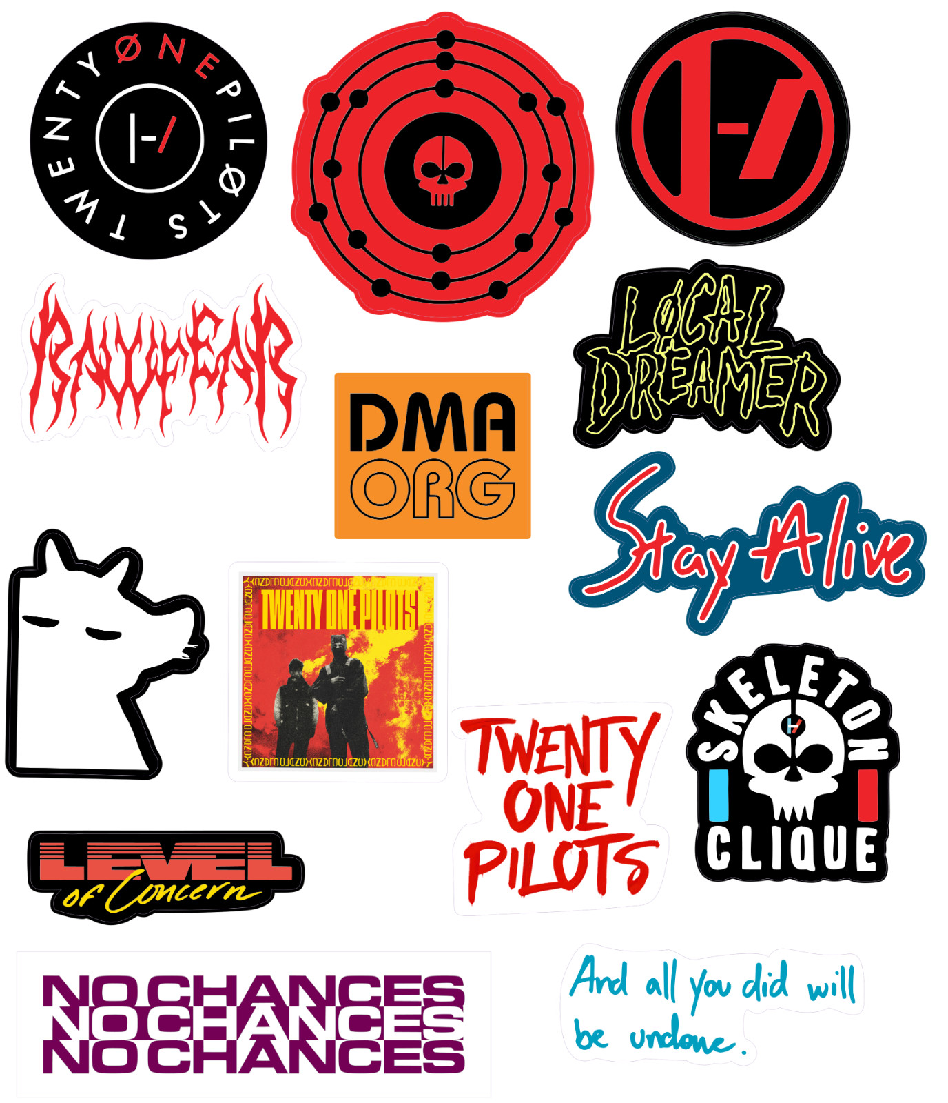 Twenty One Pilots sticker sets, Water Resistant, easy peel, 2-3″, 12 Sets