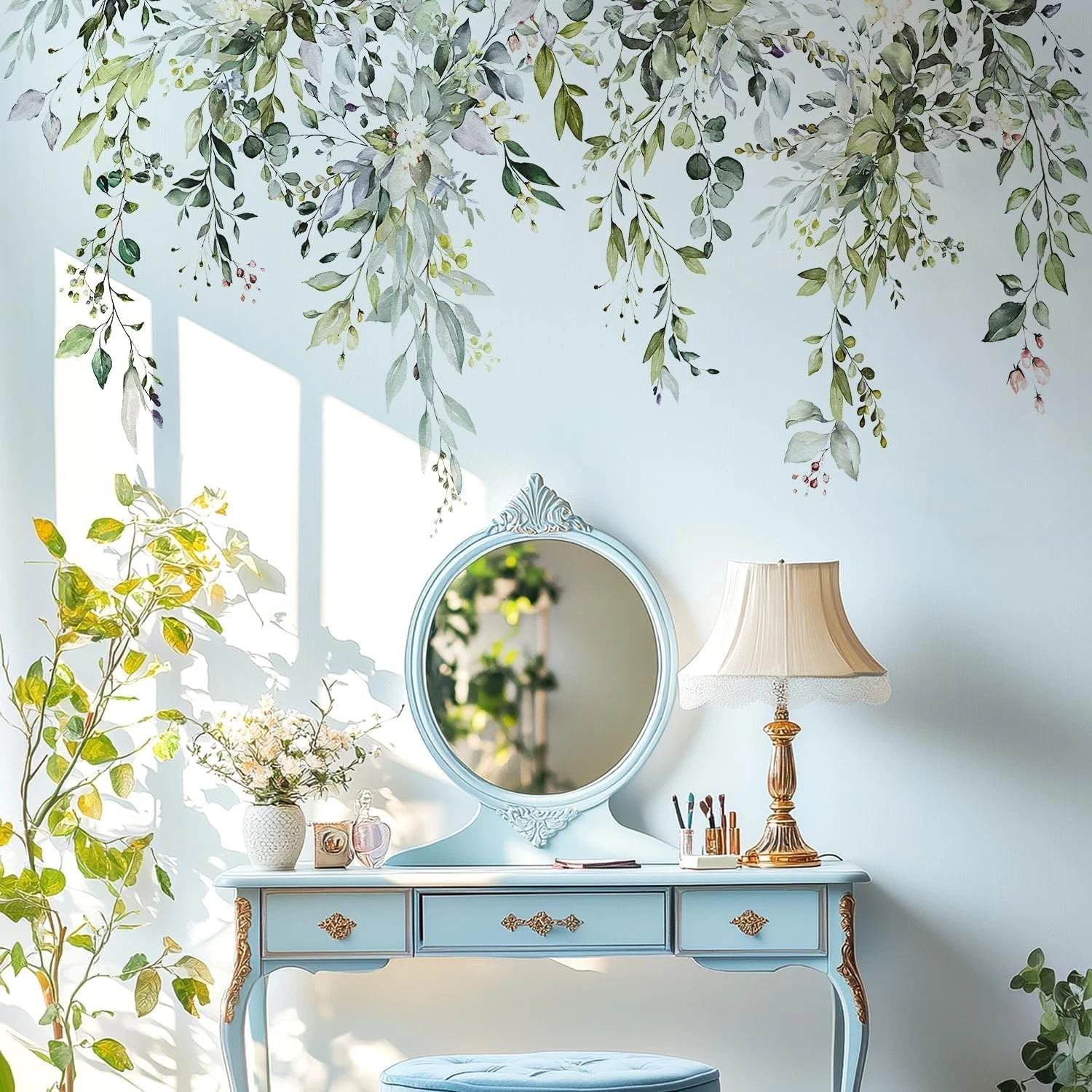 2-Green Plants Leaves Wall Decals Peel & Stick Large Floral Flowers Wall Sticker