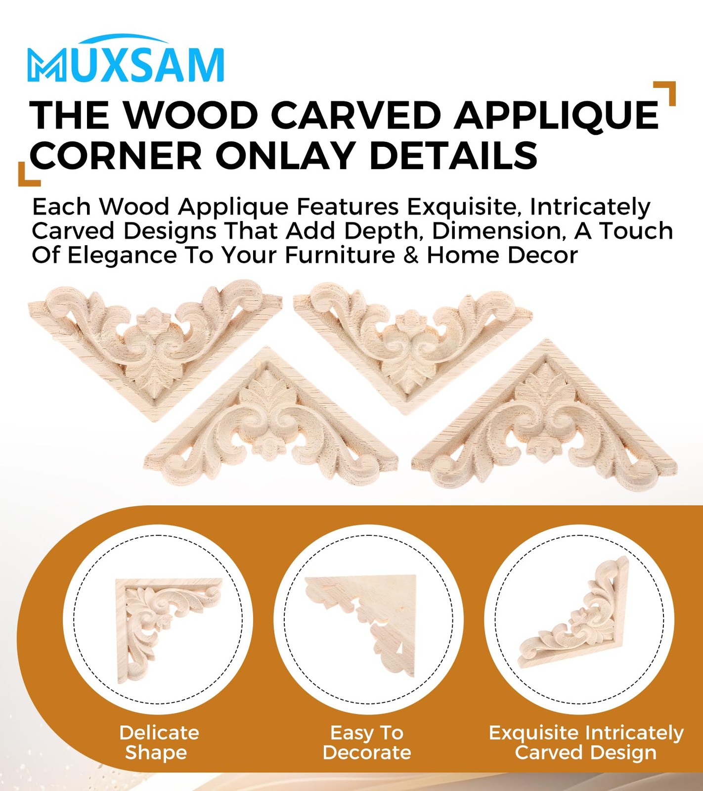 Furniture Applique, 6x6cm/2.36″x2.36″, Wood Carved Corner Onlay Unpainted Fra…