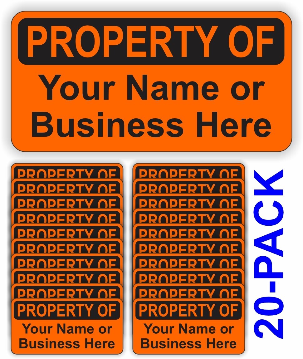 20 Custom Printed Vinyl -PROPERTY OF- Stickers Decals Your Name or Business Name
