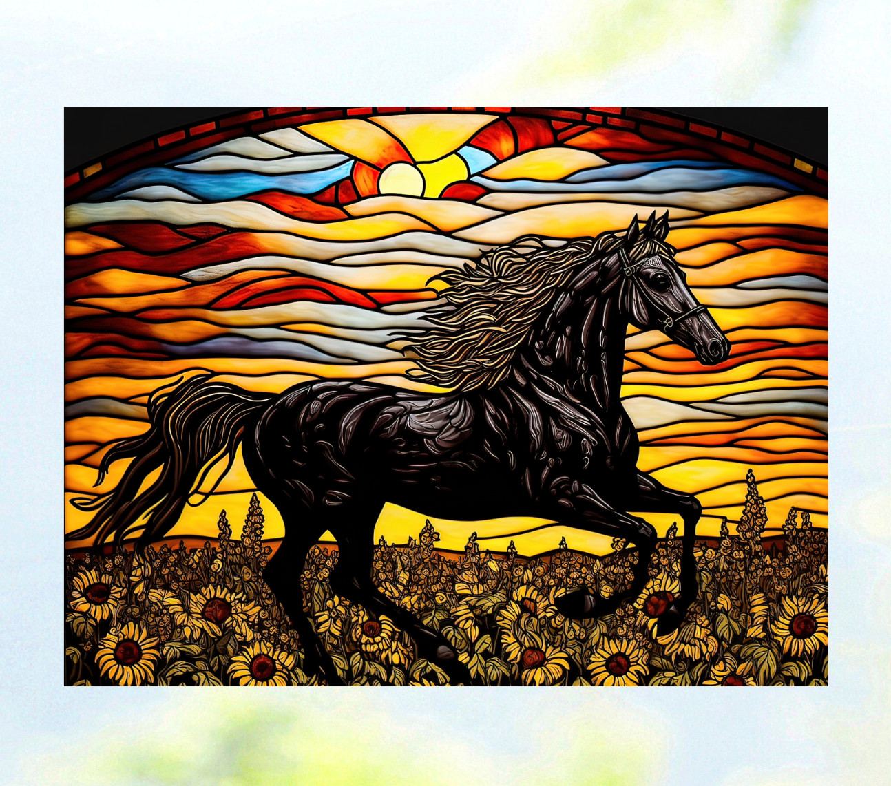Black Horse and Sunflowers Faux Stained-Glass WINDOW CLING Size 10.6″ Vinyl
