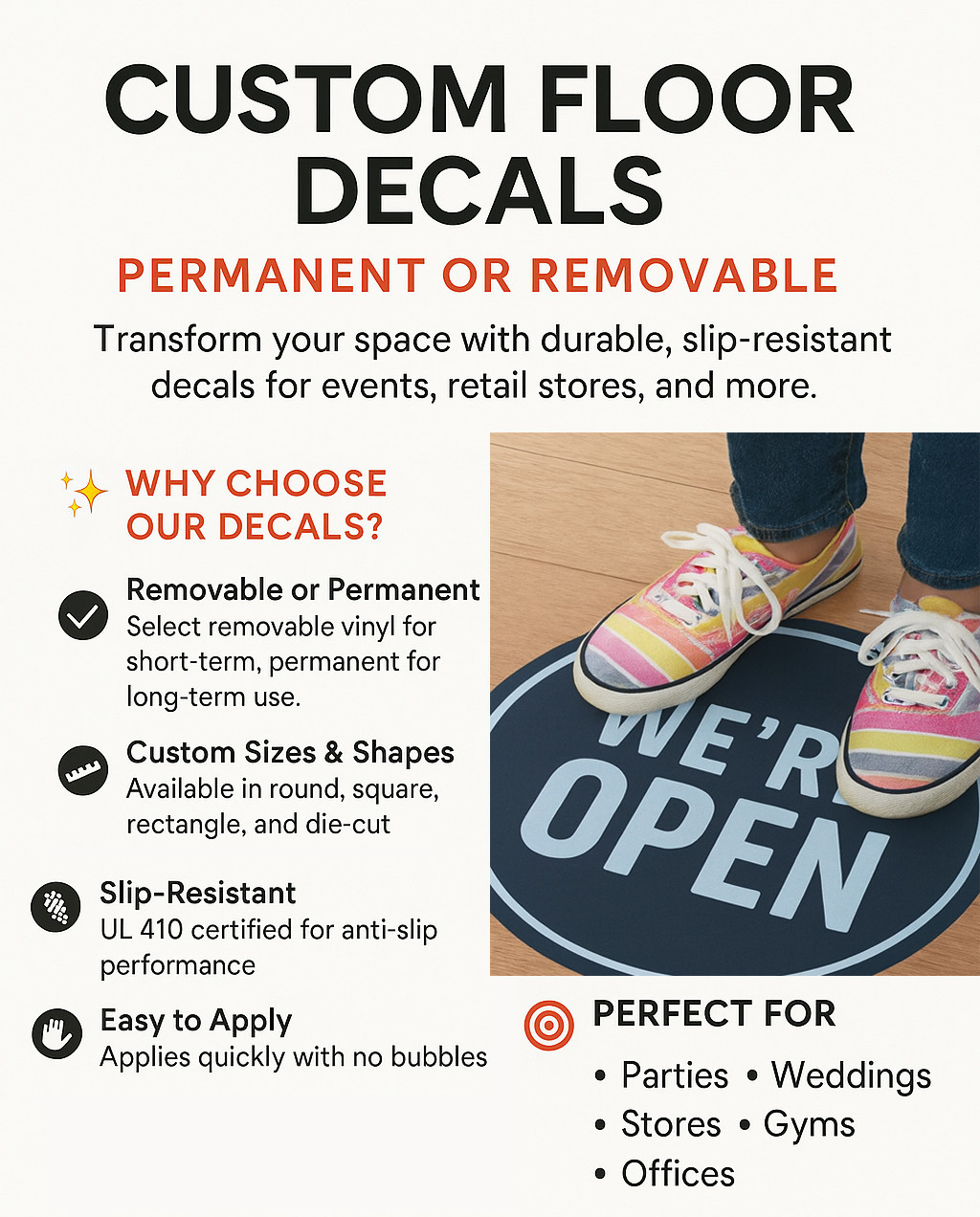 Custom Floor Decals – Permanent or Removable | Slip-Resistant & Durable