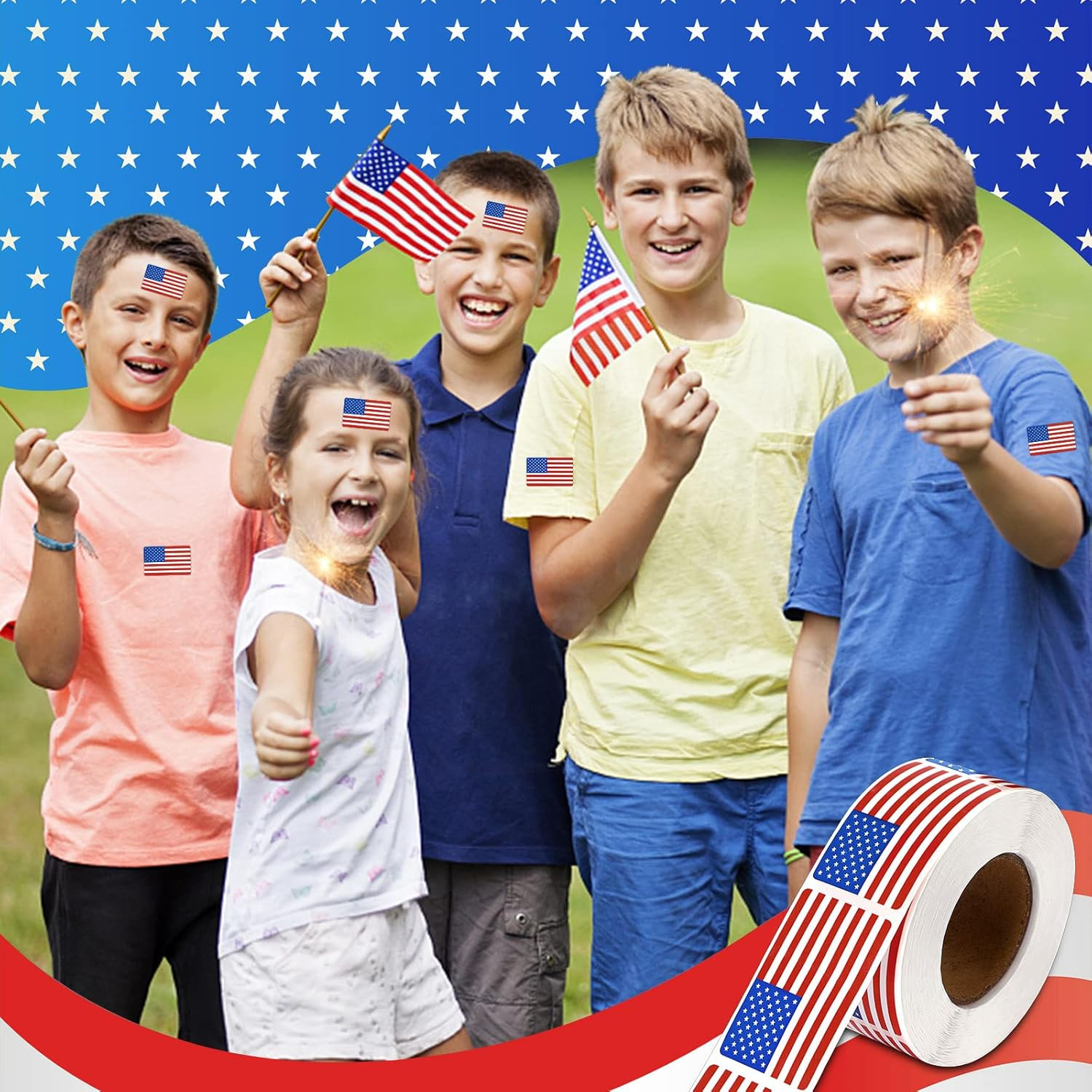 SANNIX 500 Pcs American Flag Sticker Roll,2 X 1.22 Inch US Flag Decal, USA