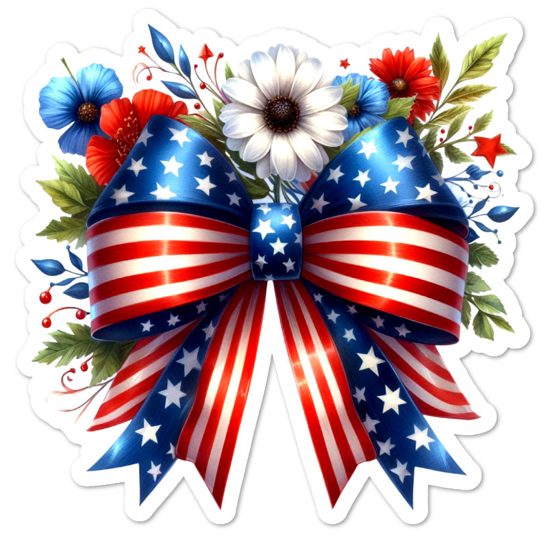 July 4 Bow and Flowers Vinyl Sticker, Water Resistant, Laptop, Water Bottle