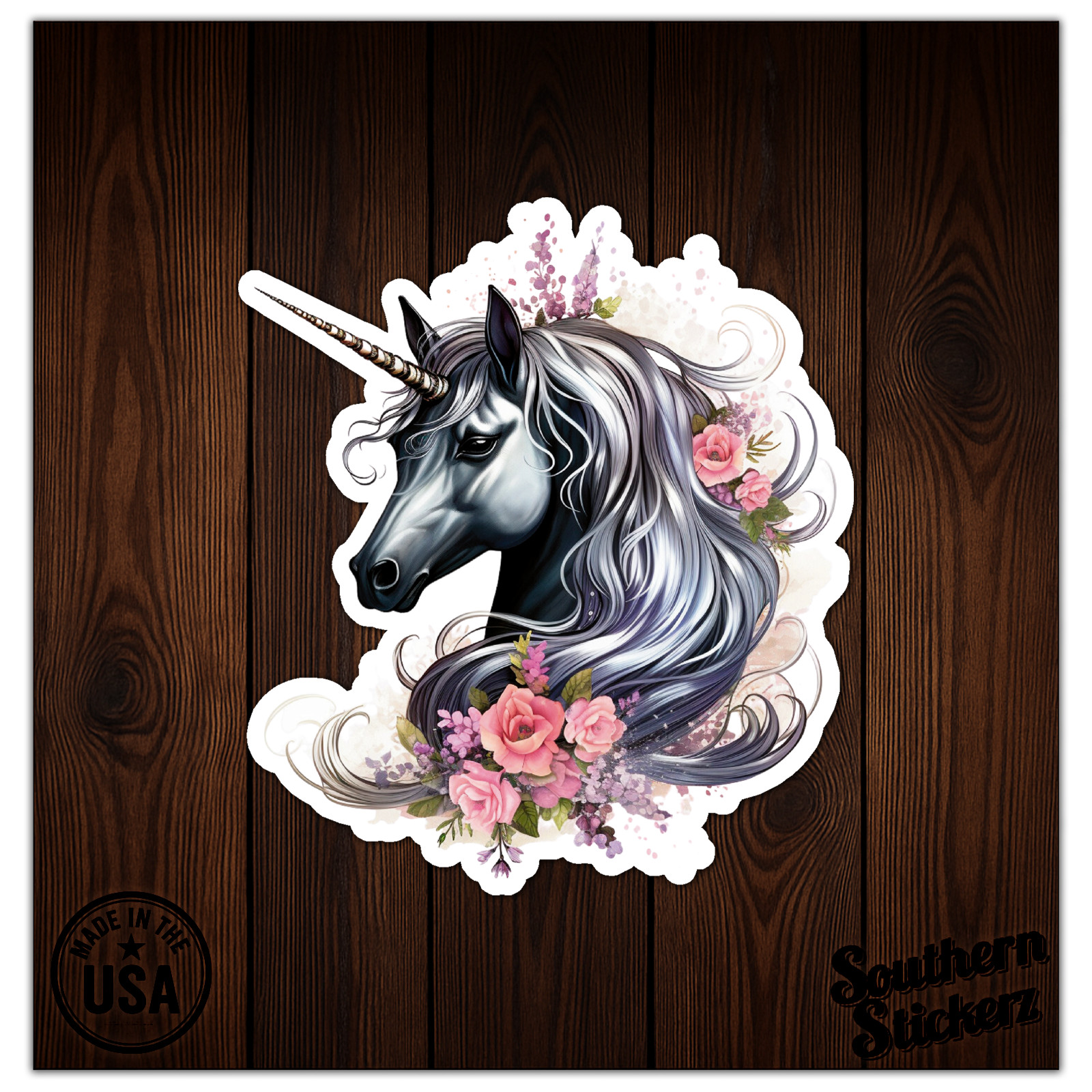 Black Unicorn Flowers – Vinyl Decal Sticker – Car Window Laptop – ebn11701