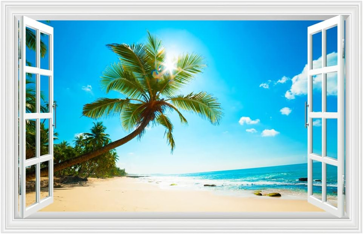Fake Windows Wall Sticker, Removable 3D Beach Seascape Faux Windows Wall Decals