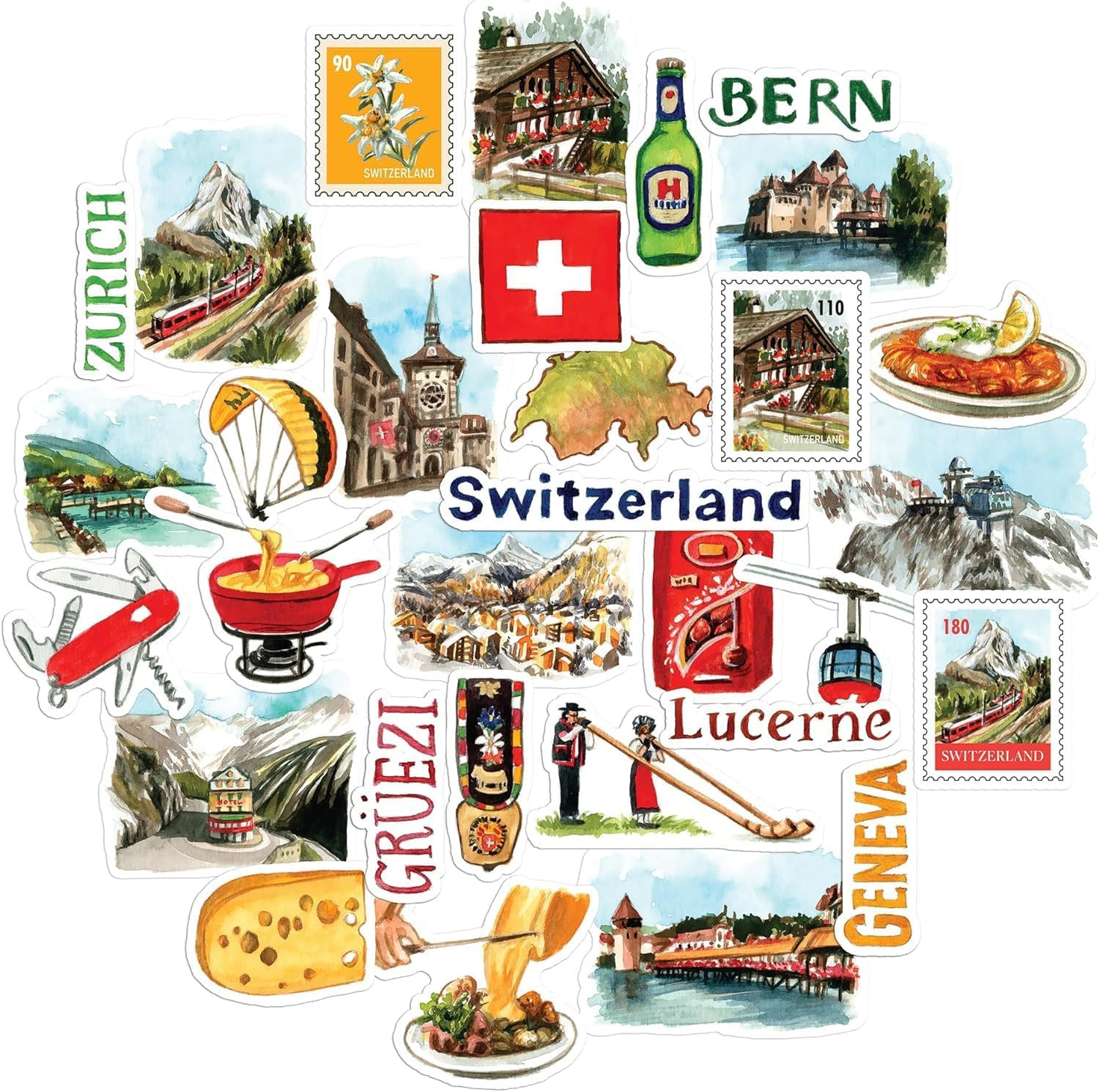 Stunning Switzerland Travel Stickers (31Pcs)-Watercolor, Waterproof, Country The