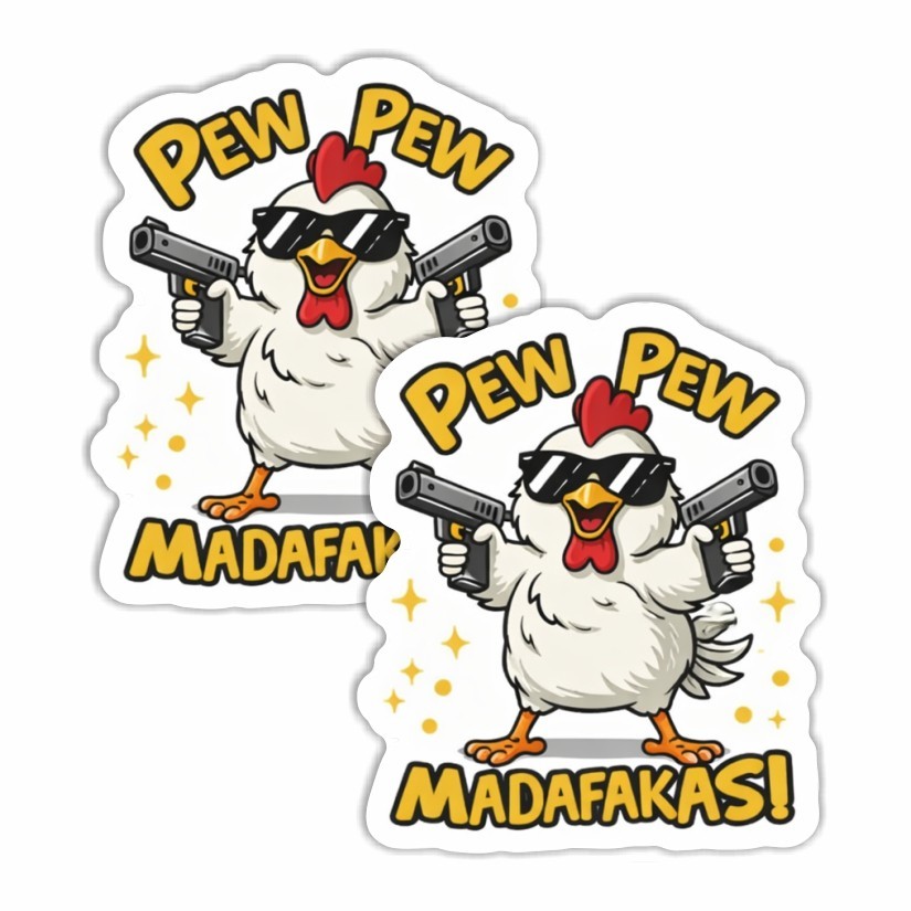 PEW PEW MADAFAKAS! Funny Chicken Sticker, Peel N’ Stick, Different Sizes