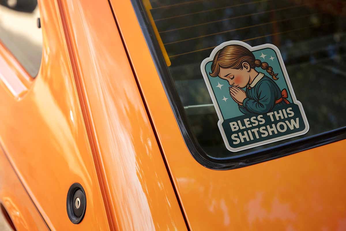 Bless This Shitshow Decal — Funny Dark Humor Praying Girl Vinyl Sticker | USA
