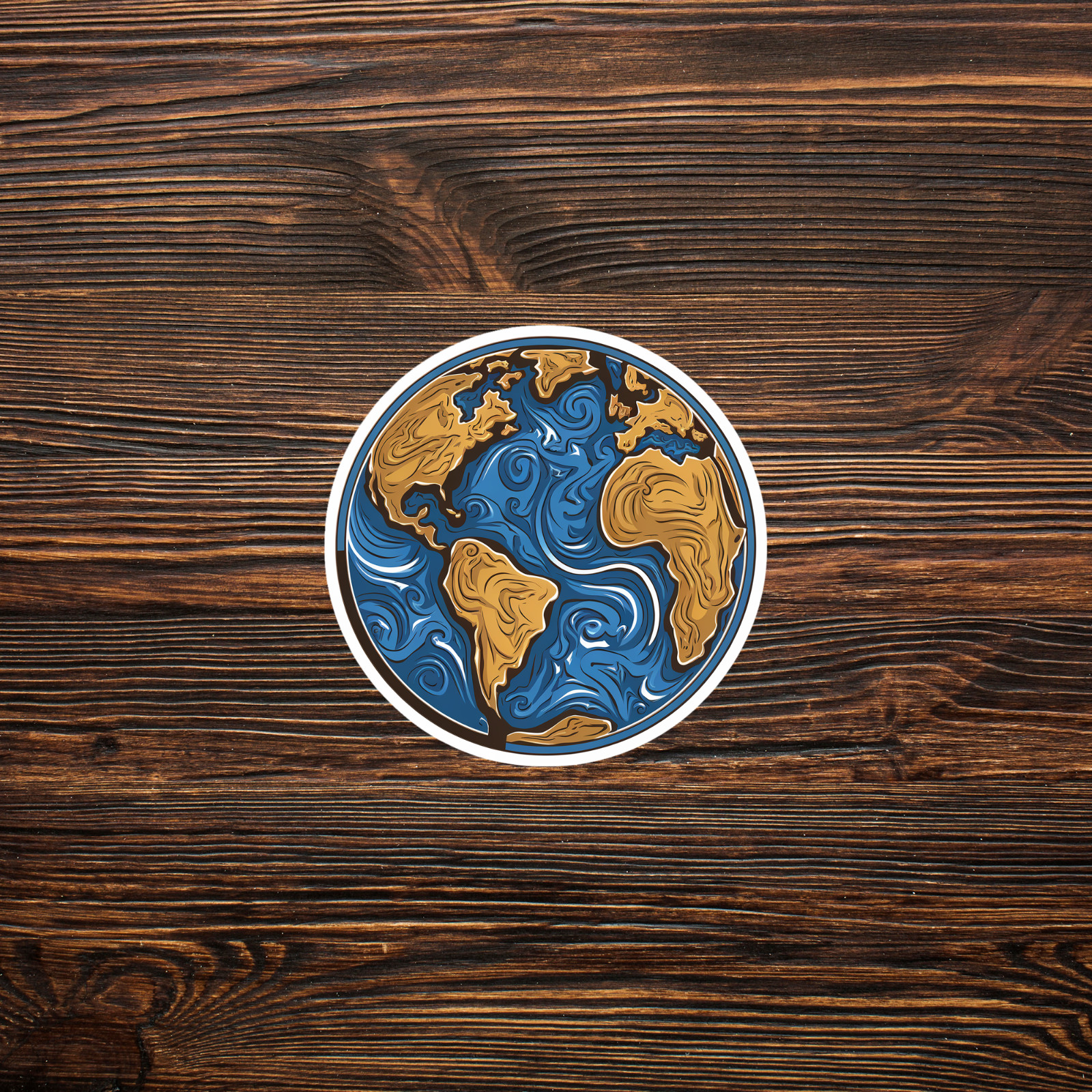 Vibrant Blue and Gold World Map Sticker – Swirling Continents Map Art Decal #184
