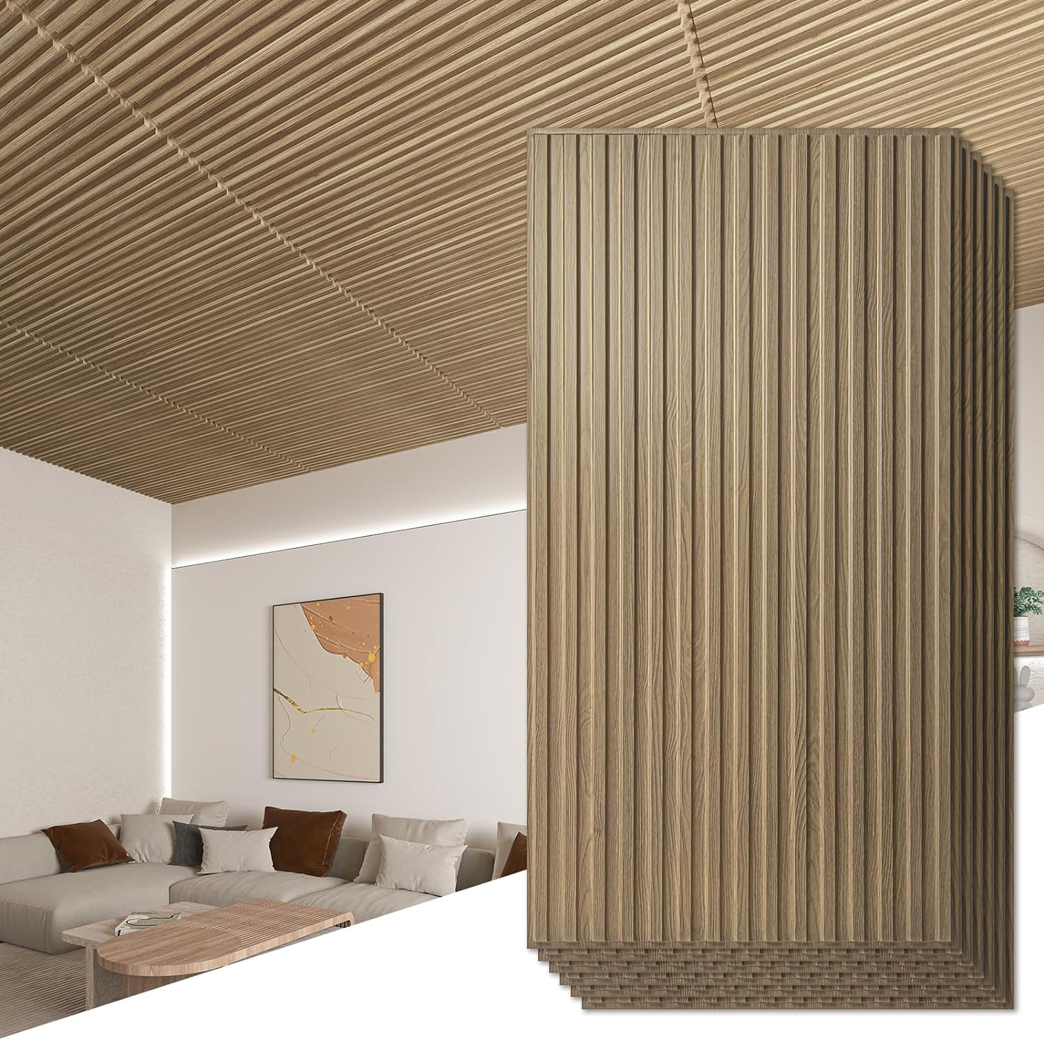 3D Slat Design PVC Wall Panels – 12-Pack, 2×4 FT, Walnut Finish