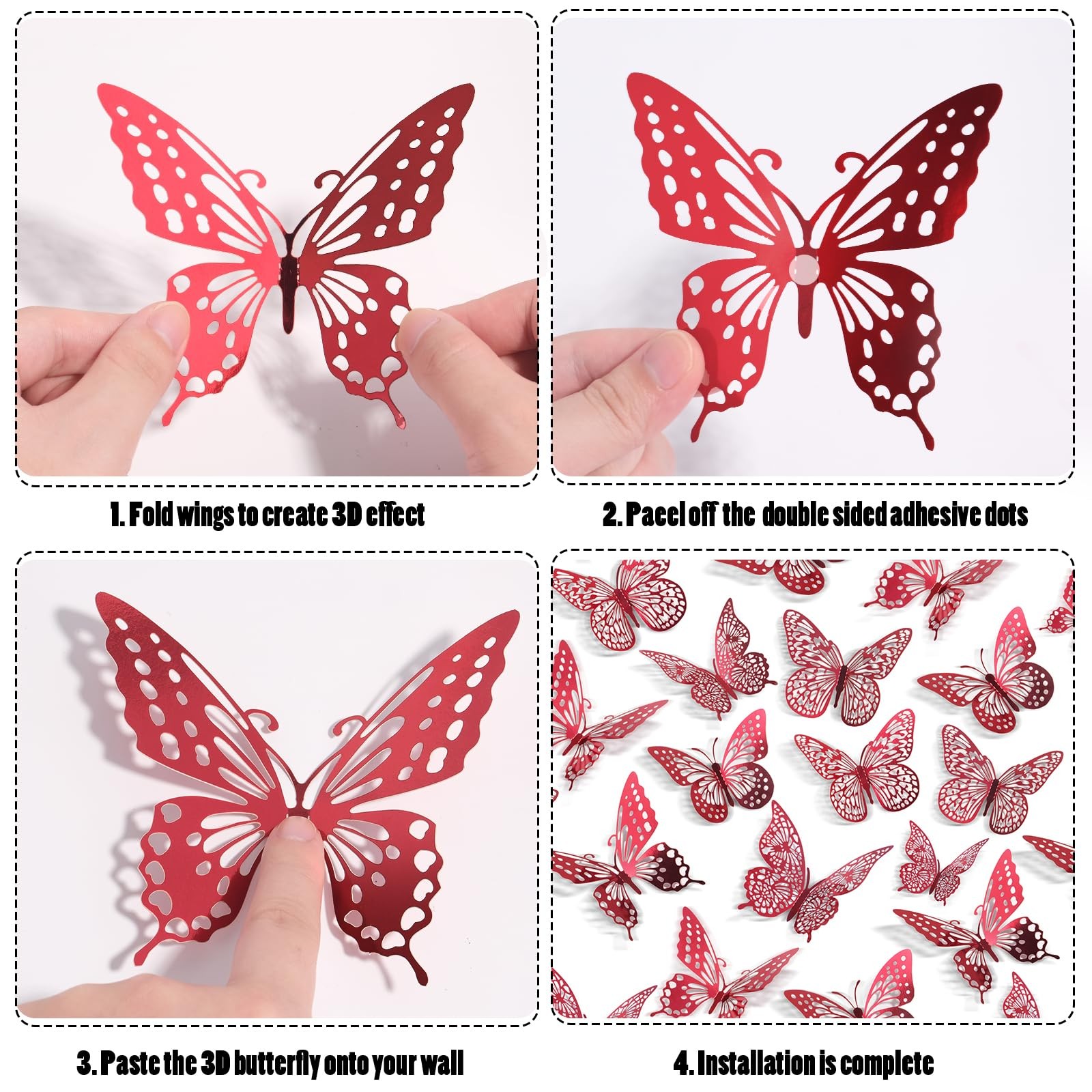 SAOROPEB 3D Butterfly Wall Decor – 48 Pcs, 4 Styles, 3 48 Blood Red