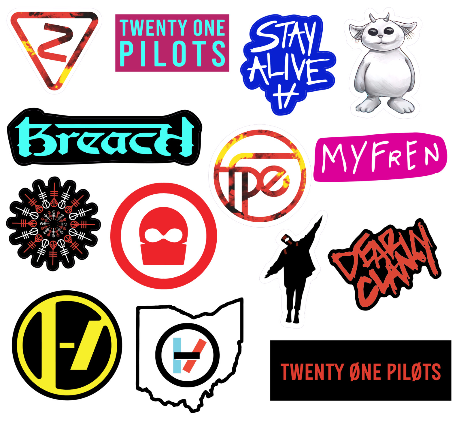 Twenty One Pilots sticker sets, Water Resistant, easy peel, 2-3″, 12 Sets