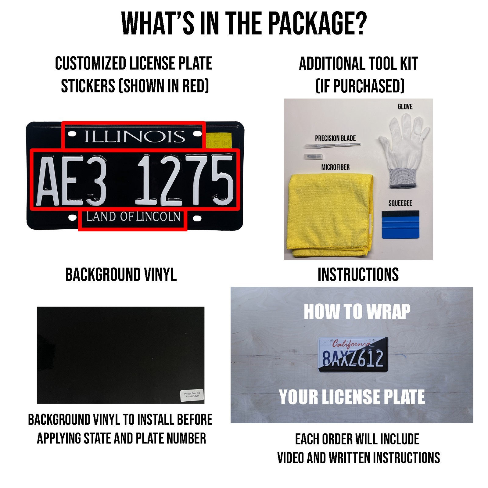 Illinois IL Plate Wrap DIY Kit Land Of Lincoln White, Yellow Red Reflective