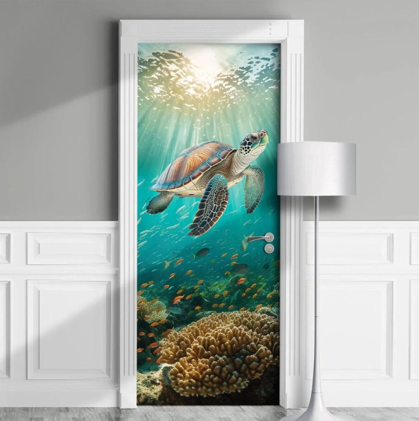 Underwater Turtle Door Decal, Under The Sea Mural Sticker, Cover, Wrap. 1 piece