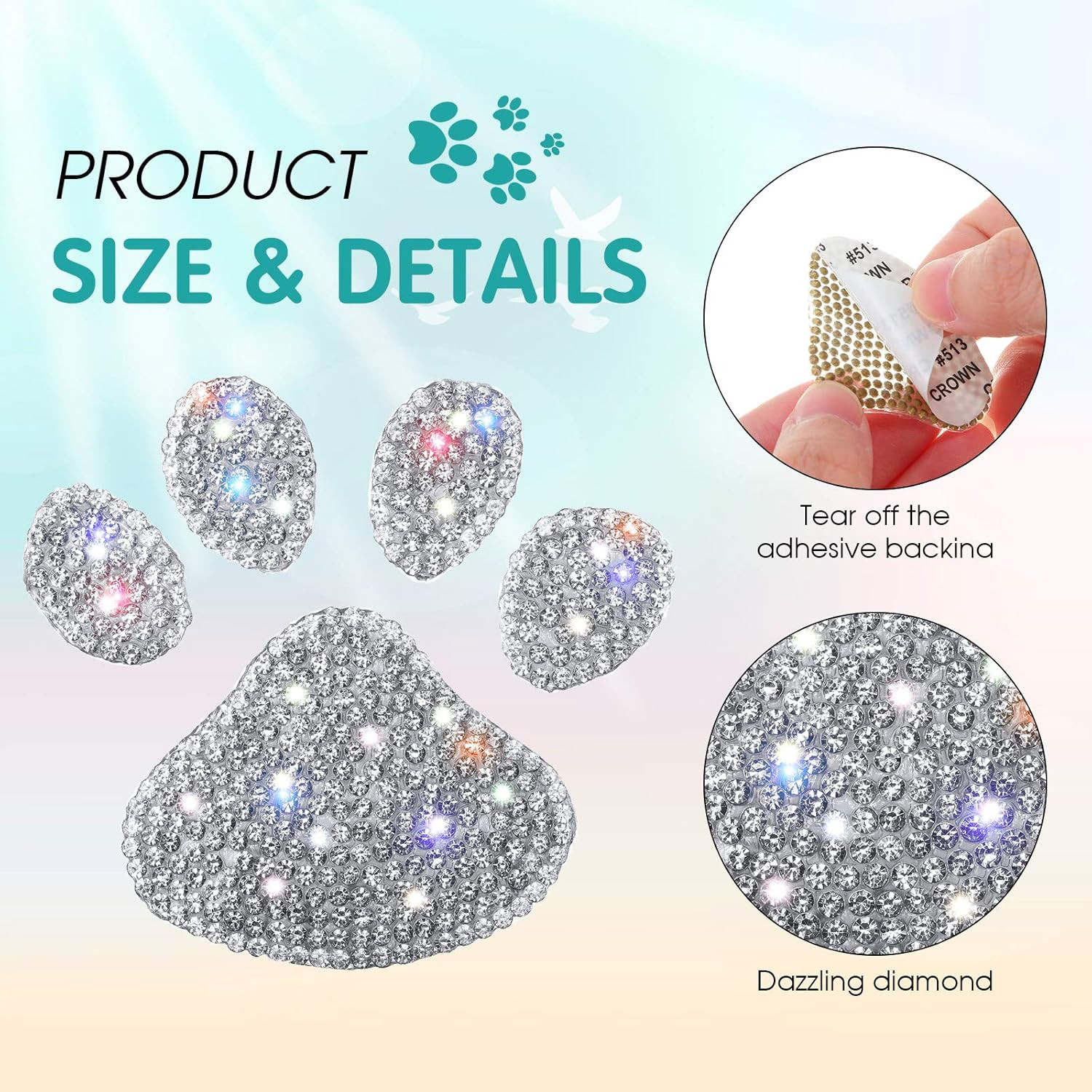 4 Pcs Bling Paw Print Car Decal Dog Paw Print Stickers Bling Rhinestone Decorati