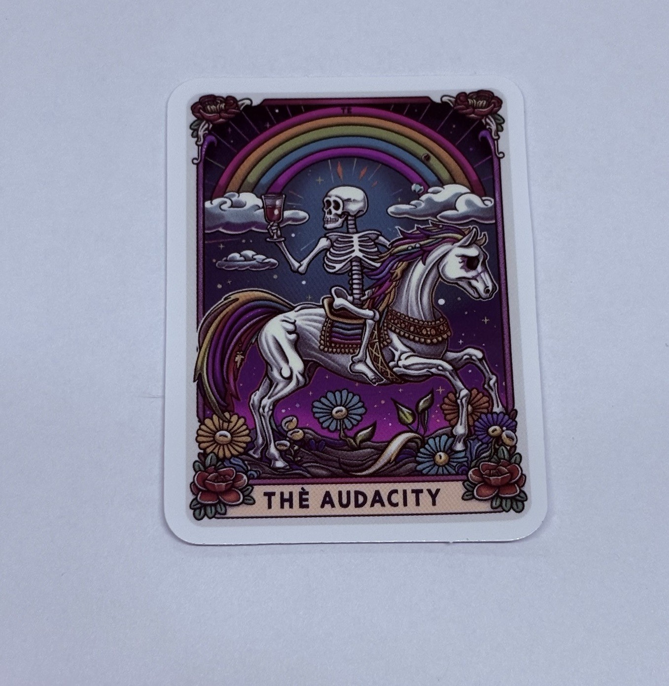 “Audacity” Skeleton Tarot Sticker Decal Rainbow Horse Humor Gothic Art Vinyl Tc9