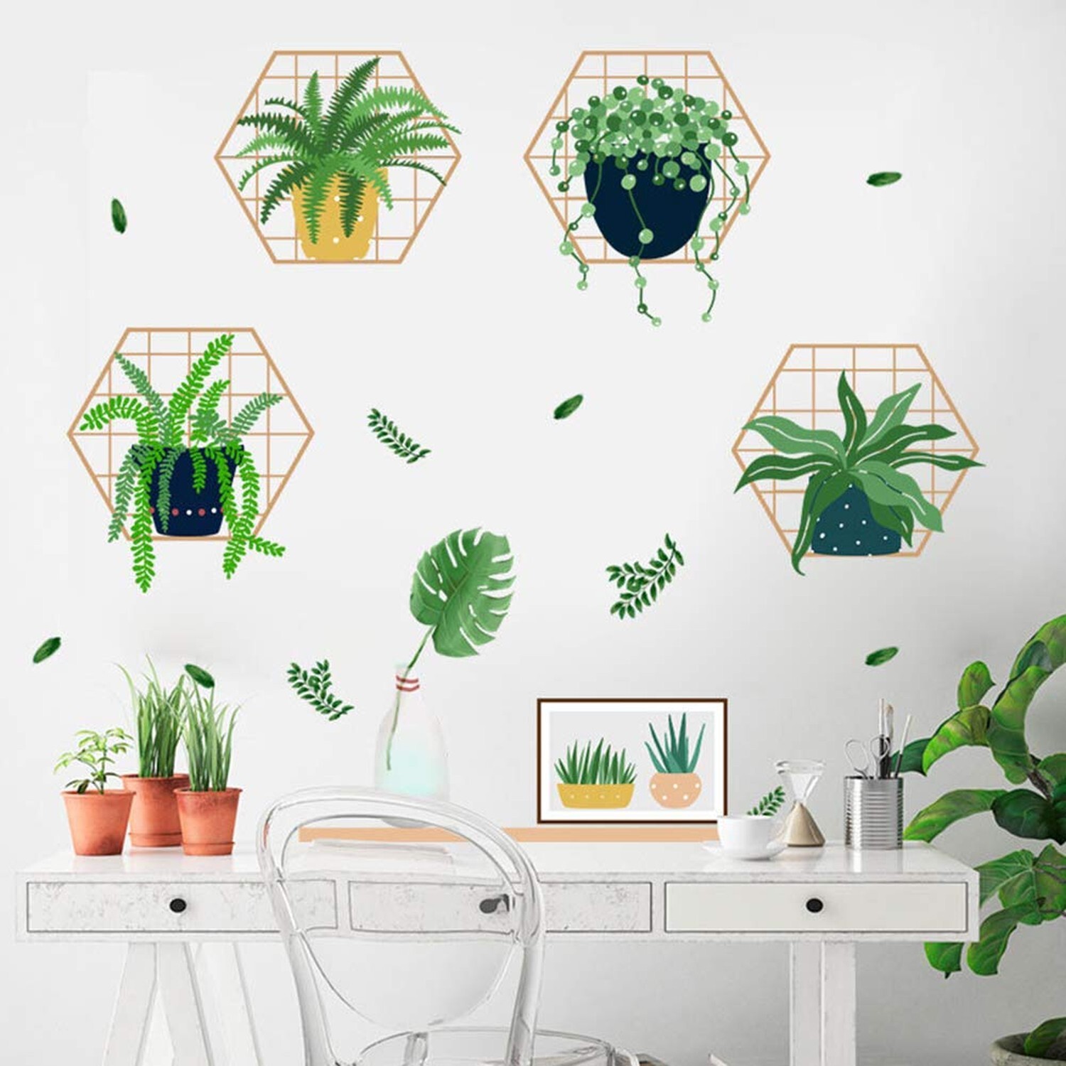 Poominer Green Potted Plants Wall Stickers, Green Tropical Leaves Wall Decals…