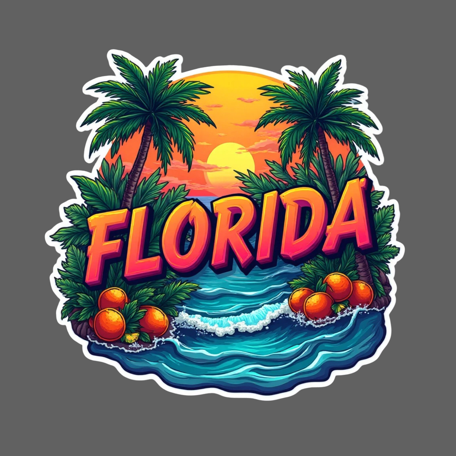 Florida Sticker Vinyl Decal Sunset Beach Palm Trees Oranges Coastal Scene