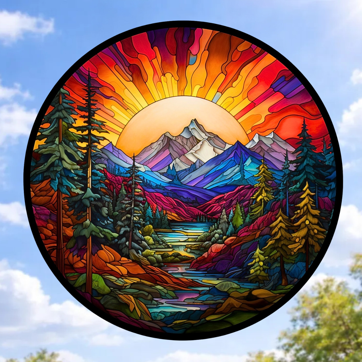 Sunset on Mountains & Trees Faux Stained-Glass WINDOW CLING Size 8″ Round Vinyl