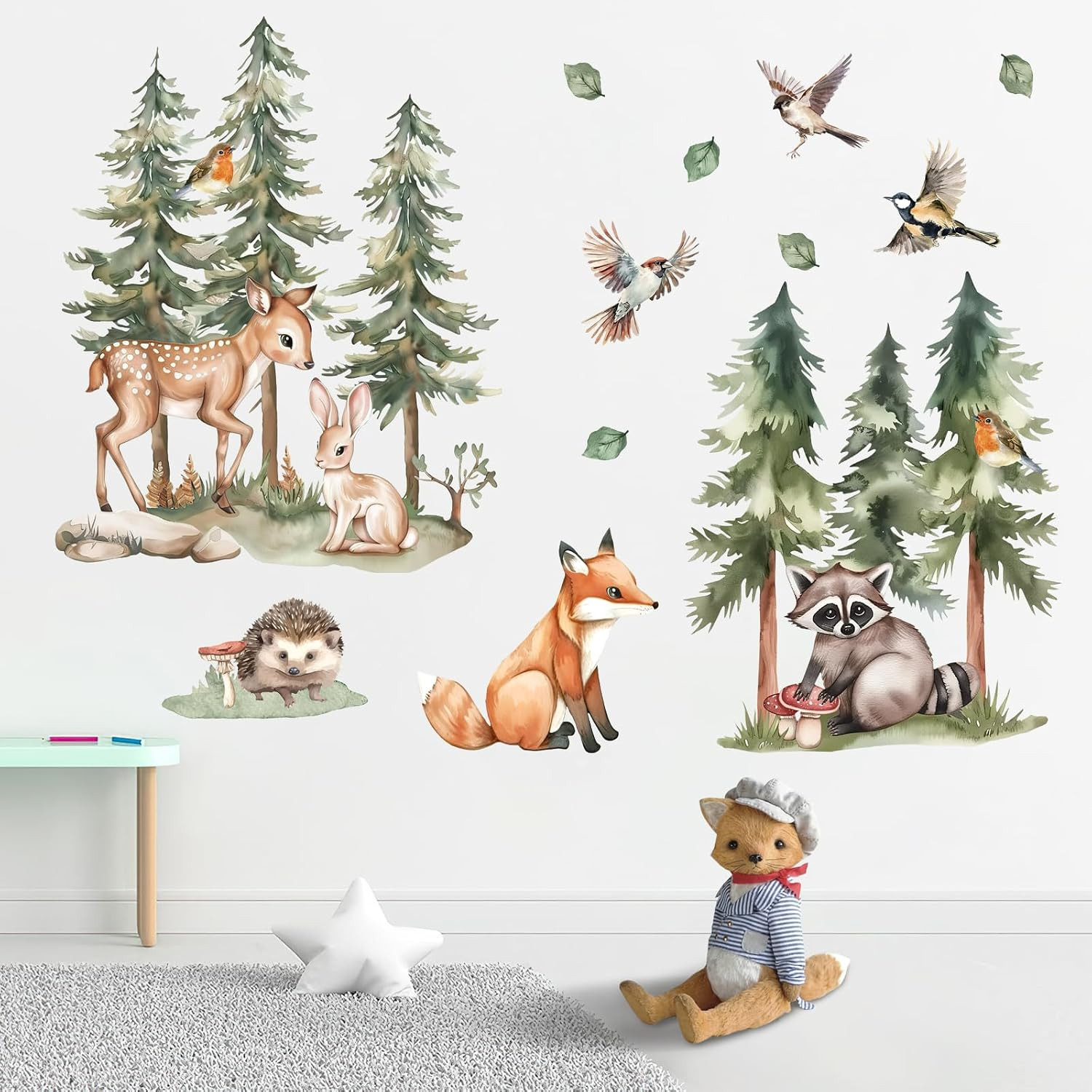 Forest Animals Wall Decals Stickers, Woodland Deer Fox Raccoon | Hedgehog Rabbit