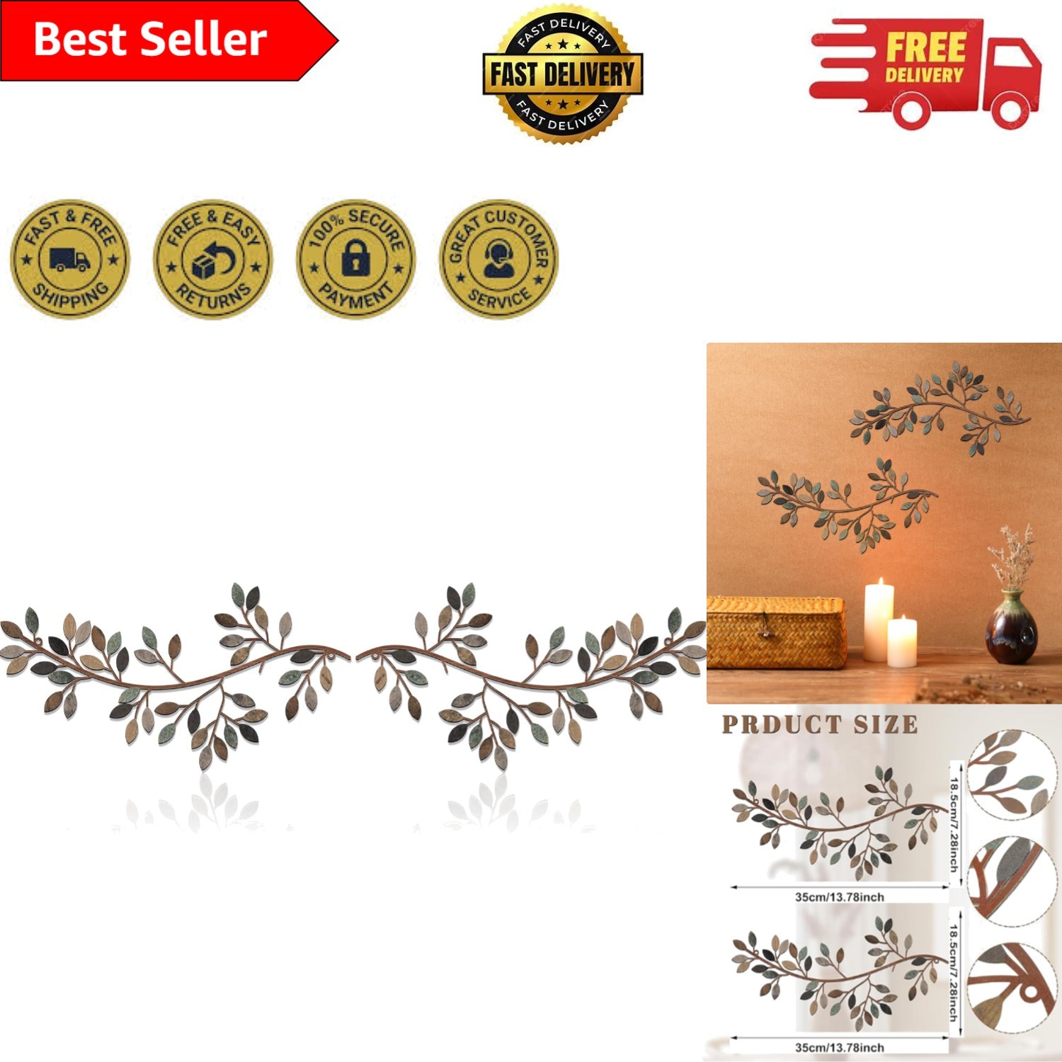 Nature-Inspired 2-Piece Metal Leaf Wall Decor for Indoor & Outdoor Elegance