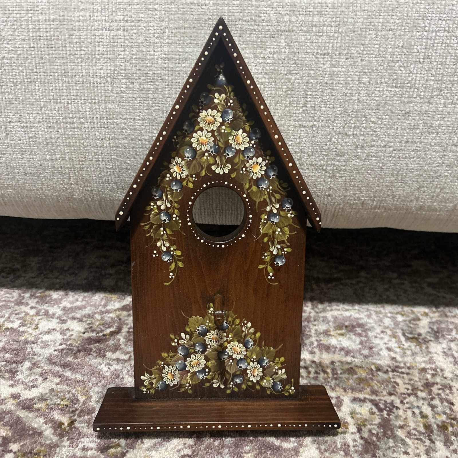 Wooden Decorative Wall Hanging Bird House Hand Painted Blueberry Flowers Singed