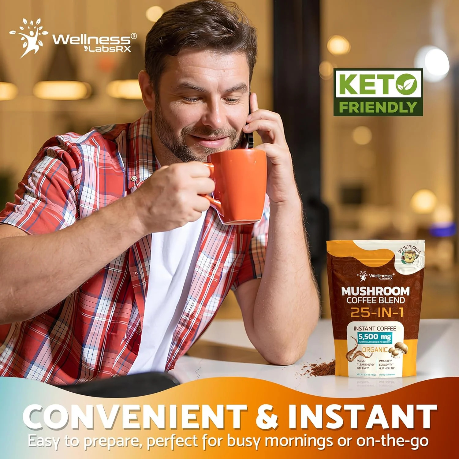 Mushroom Coffee Organic Instant Coffee, 25-in-1, Third-Party Tested Keto Friendl