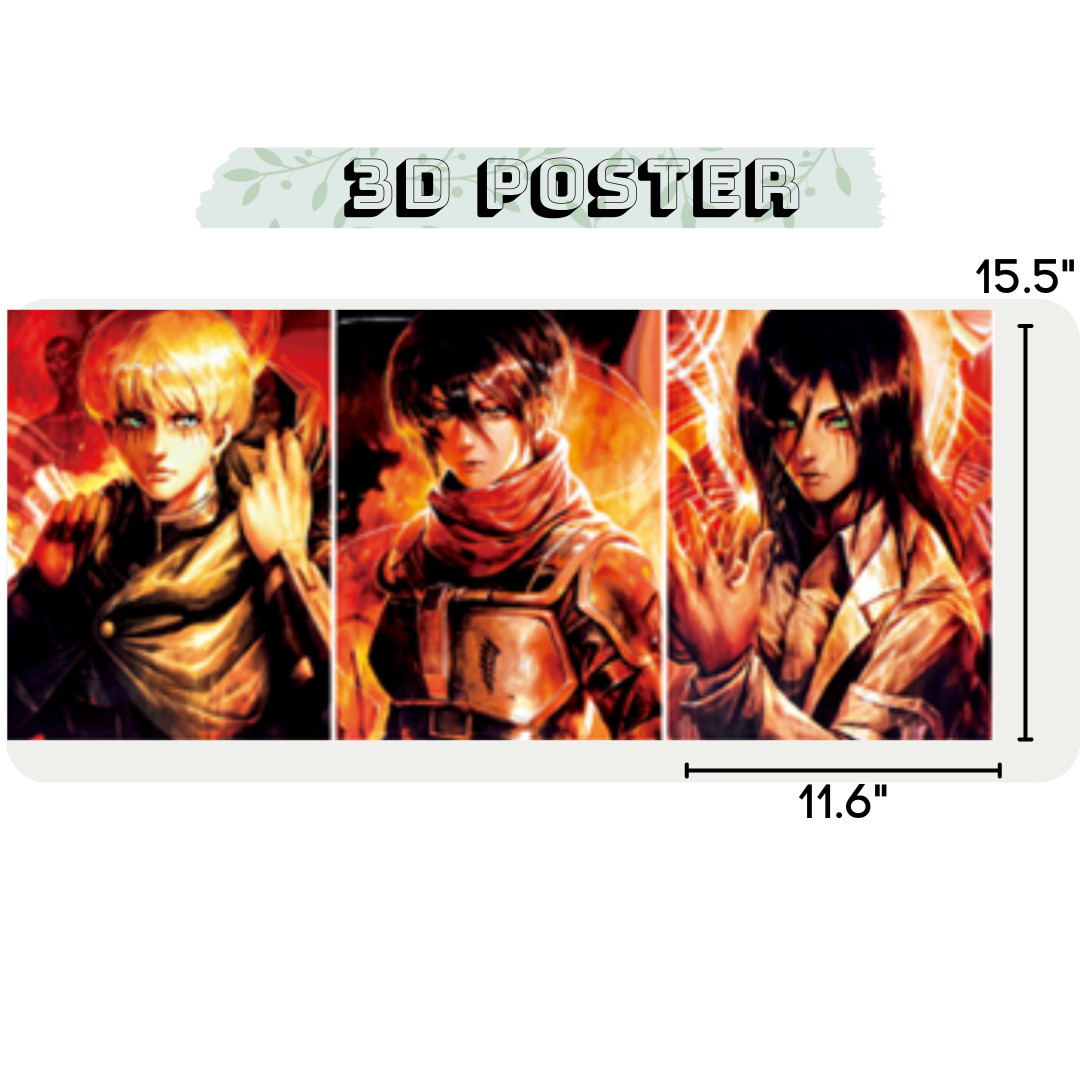Attack on Titan, Mikasa, Eren, Armin, 3D Poster, 3D Anime Picture